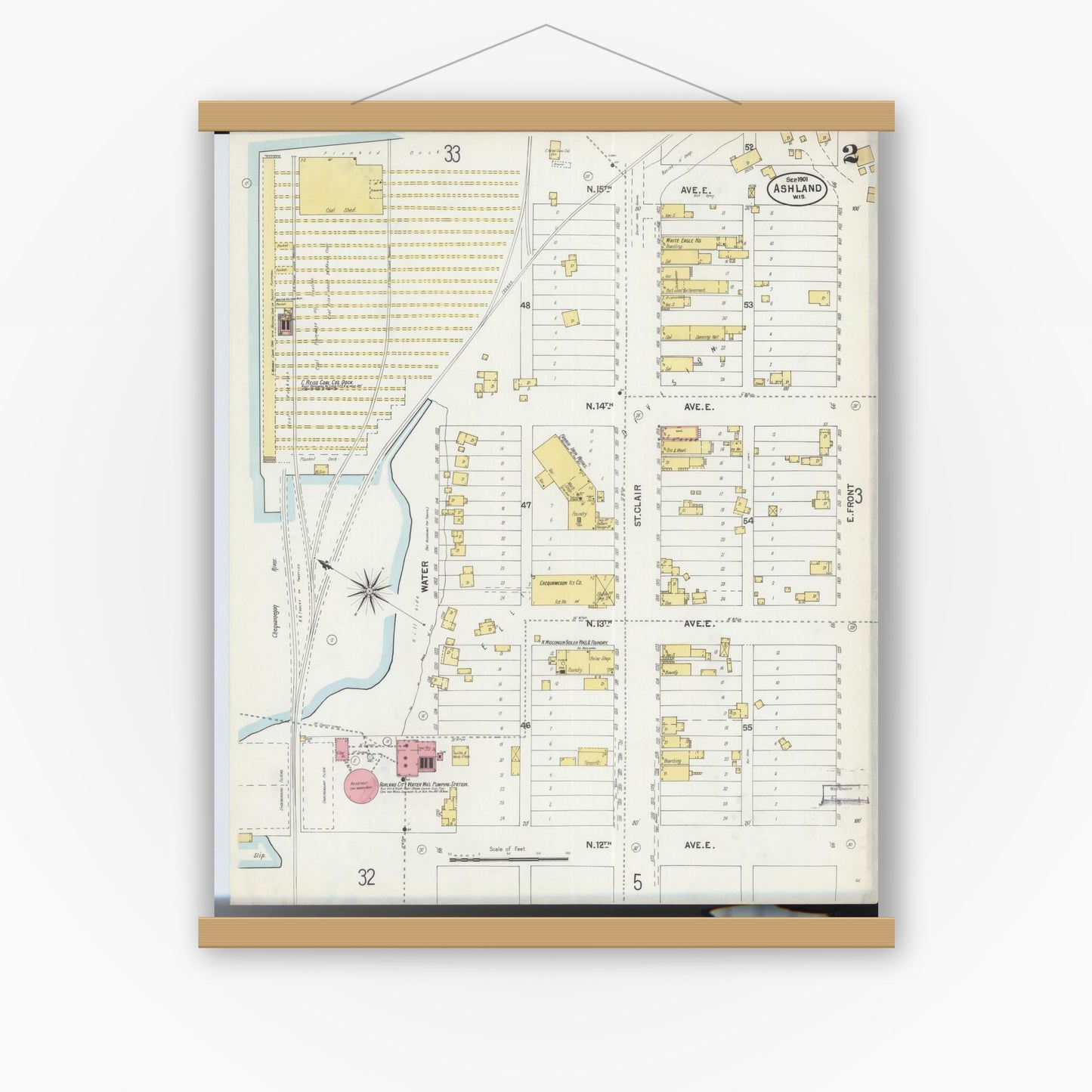 Old map wall art mockup — magnetic wood frame on white wall — Sanborn Fire Insurance Map from Ashland, Ashland County, Wisconsin (1901), Sheet #0002