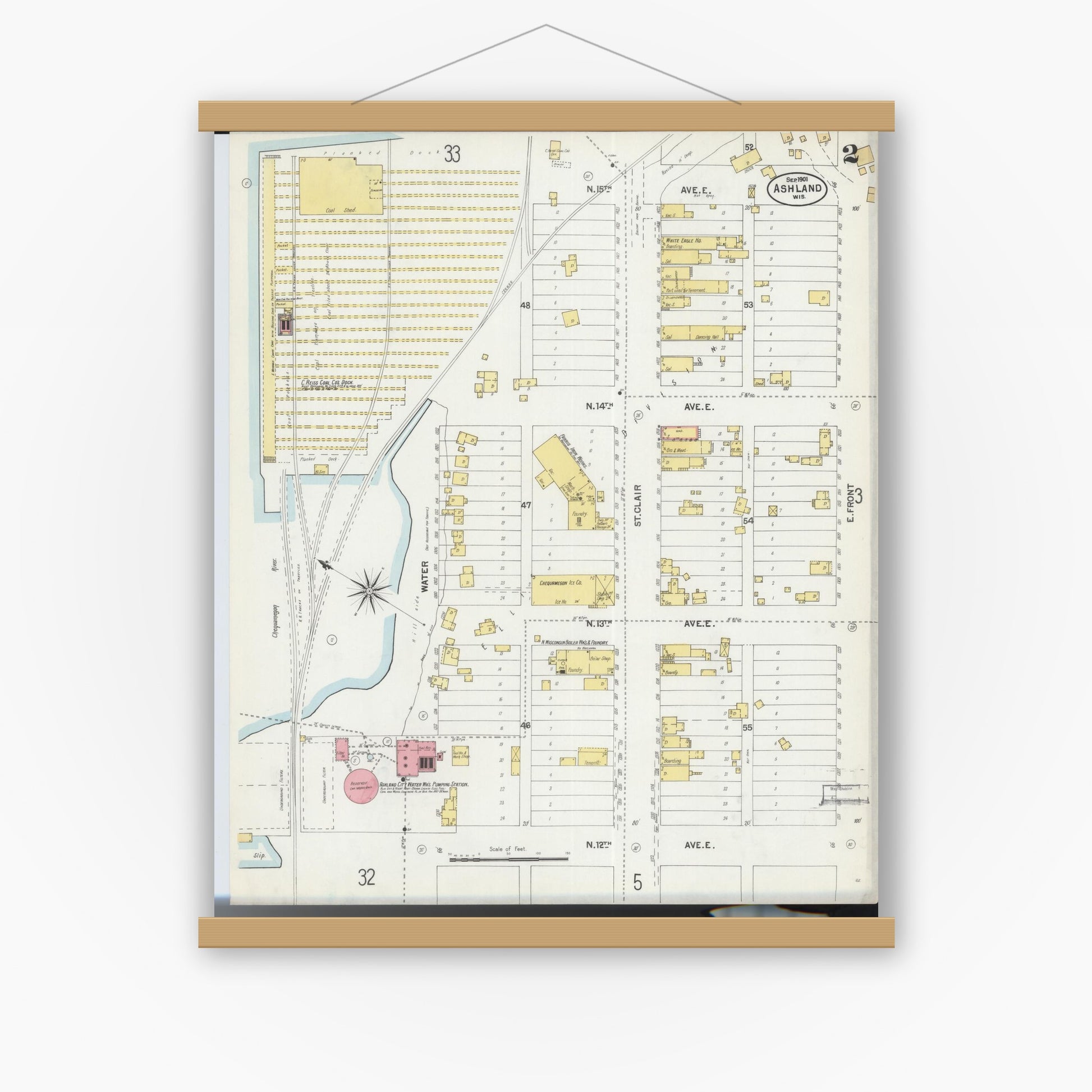 Old map wall art mockup — magnetic wood frame on white wall — Sanborn Fire Insurance Map from Ashland, Ashland County, Wisconsin (1901), Sheet #0002