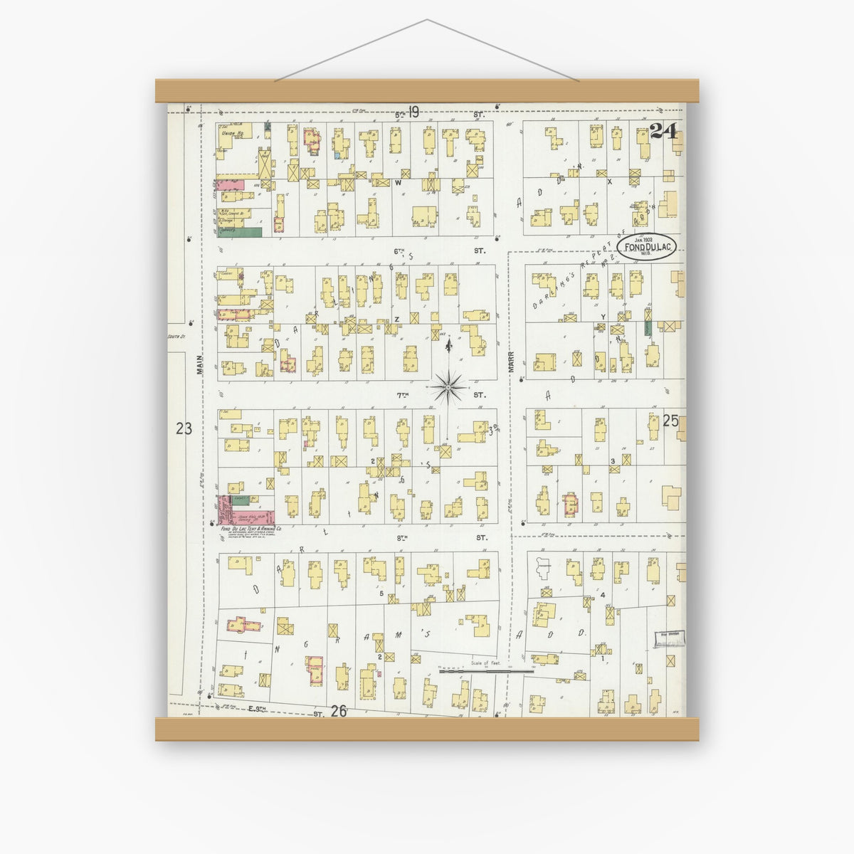 Old map wall art mockup — magnetic wood frame on white wall — Sanborn Fire Insurance Map from Fond du Lac, Fond du Lac County, Wisconsin (1902), Sheet #0024