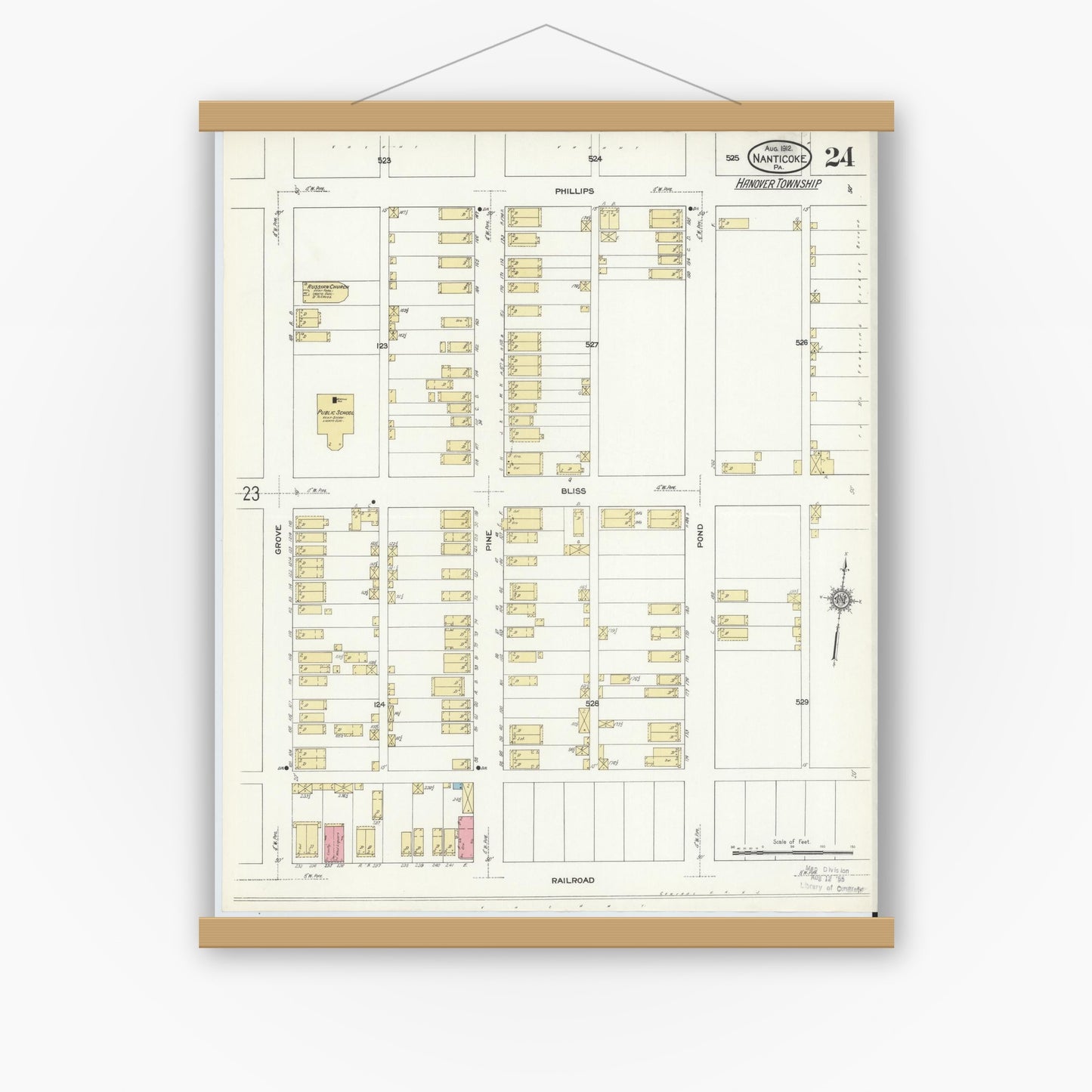 Old map wall art mockup — magnetic wood frame on white wall — Sanborn Fire Insurance Map from Nanticoke, Luzerne County, Pennsylvania (1912), Sheet #0024