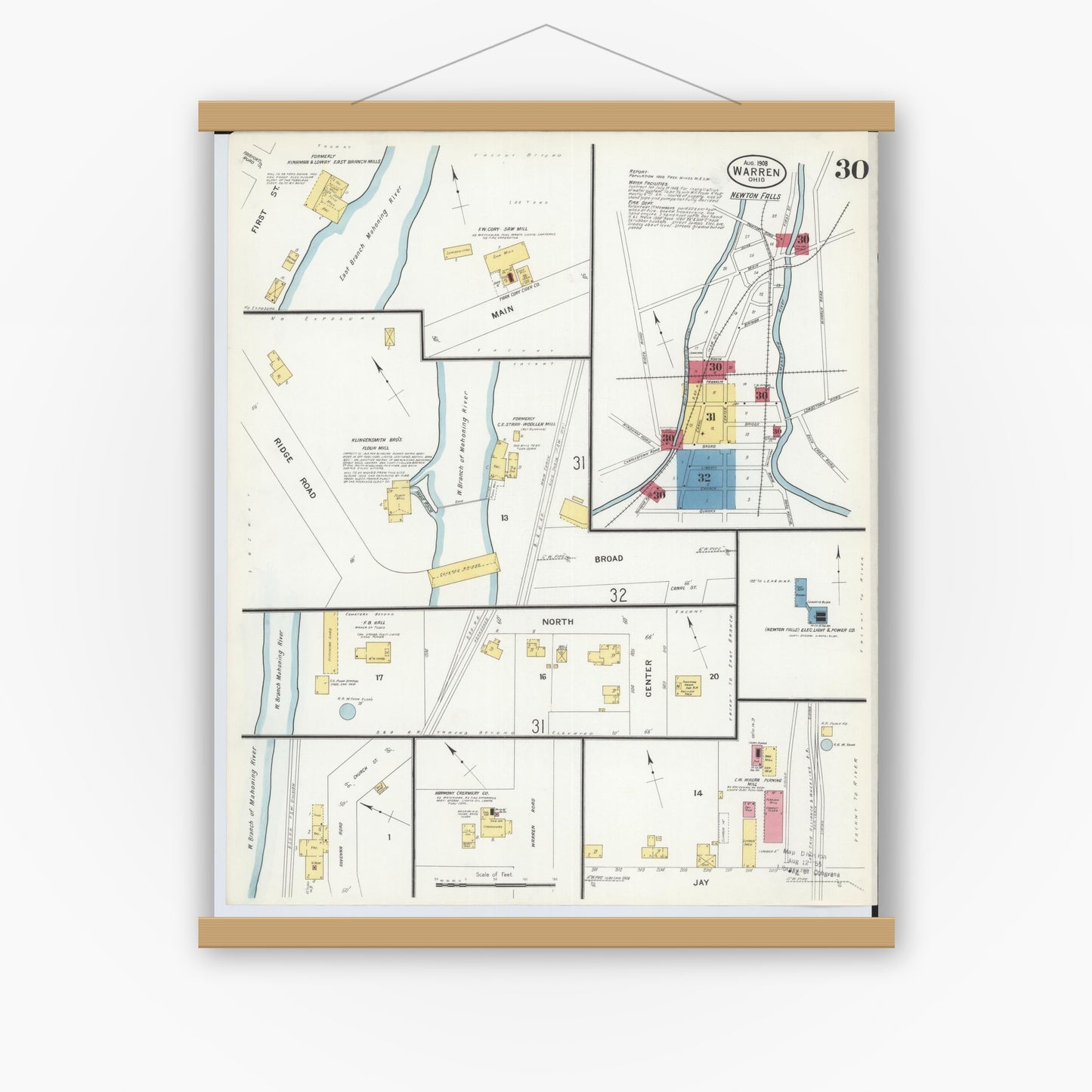 Old map wall art mockup — magnetic wood frame on white wall — Sanborn Fire Insurance Map from Warren, Trumbull County, Ohio (1908), Sheet #0030