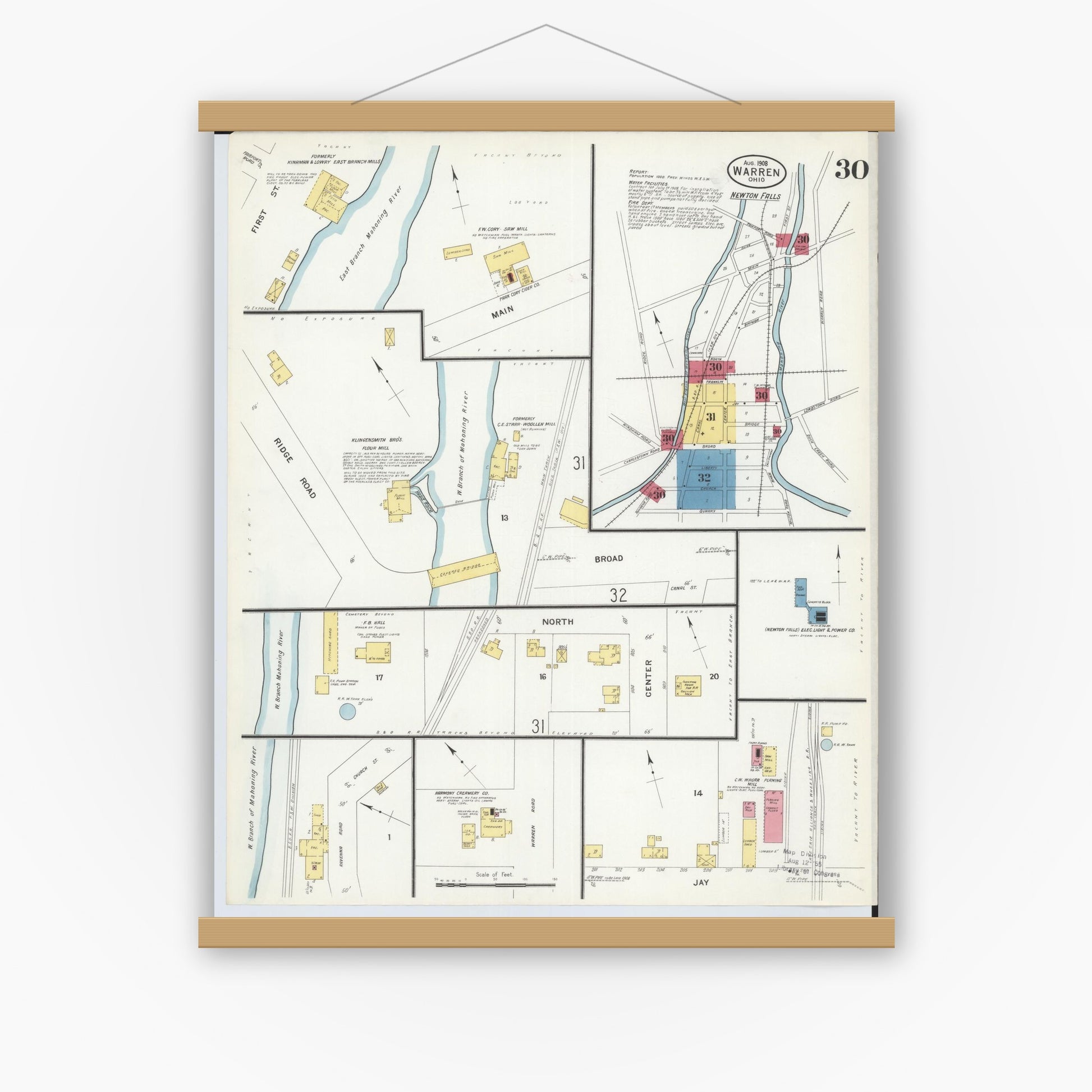 Old map wall art mockup — magnetic wood frame on white wall — Sanborn Fire Insurance Map from Warren, Trumbull County, Ohio (1908), Sheet #0030
