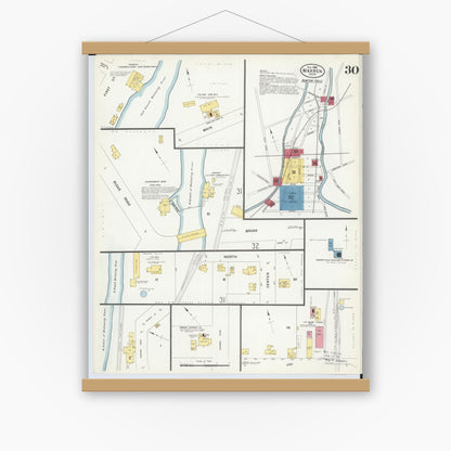 Old map wall art mockup — magnetic wood frame on white wall — Sanborn Fire Insurance Map from Warren, Trumbull County, Ohio (1908), Sheet #0030