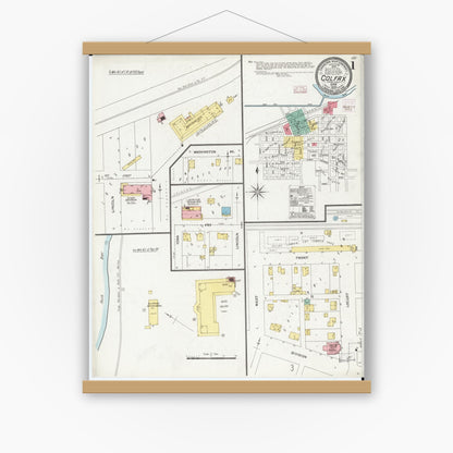 Old map wall art mockup — magnetic wood frame on white wall — Sanborn Fire Insurance Map from Colfax, Jasper County, Iowa (1906) â€” Complete Set