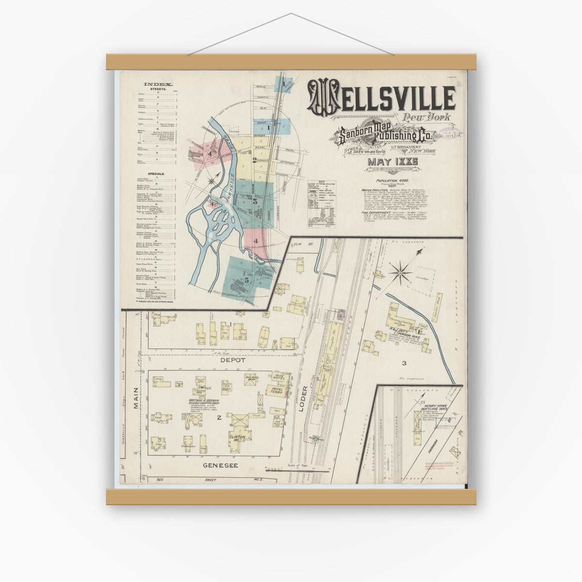 Old map wall art mockup — magnetic wood frame on white wall — Sanborn Fire Insurance Map from Wellsville, Allegany County, New York (1886) - Complete Map Set