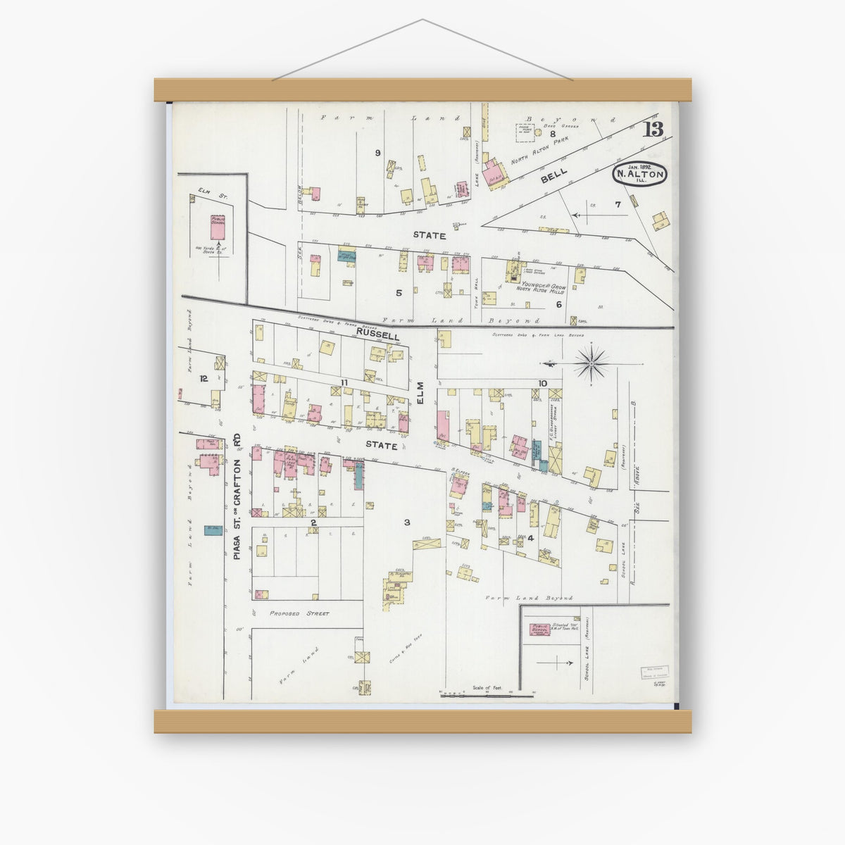 Old map wall art mockup — magnetic wood frame on white wall — Sanborn Fire Insurance Map from Alton, Madison County, Illinois (1892), Sheet #0013