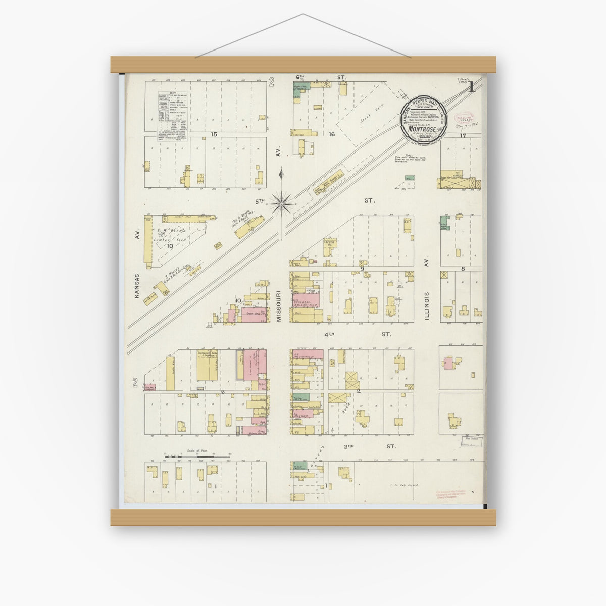 Old map wall art mockup — magnetic wood frame on white wall — Sanborn Fire Insurance Map from Montrose, Henry County, Missouri (1894), Sheet #0001