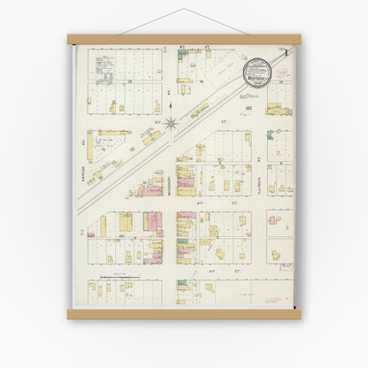 Old map wall art mockup — magnetic wood frame on white wall — Sanborn Fire Insurance Map from Montrose, Henry County, Missouri (1894), Sheet #0001