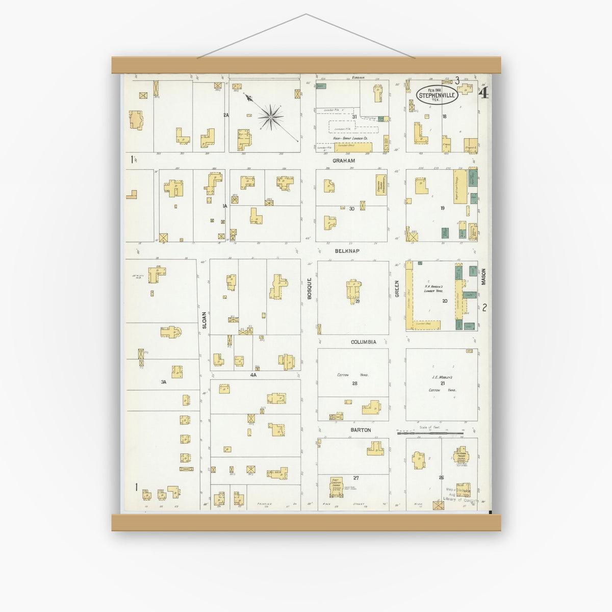 Old map wall art mockup — magnetic wood frame on white wall — Sanborn Fire Insurance Map from Stephenville, Erath County, Texas (1902), Sheet #0004