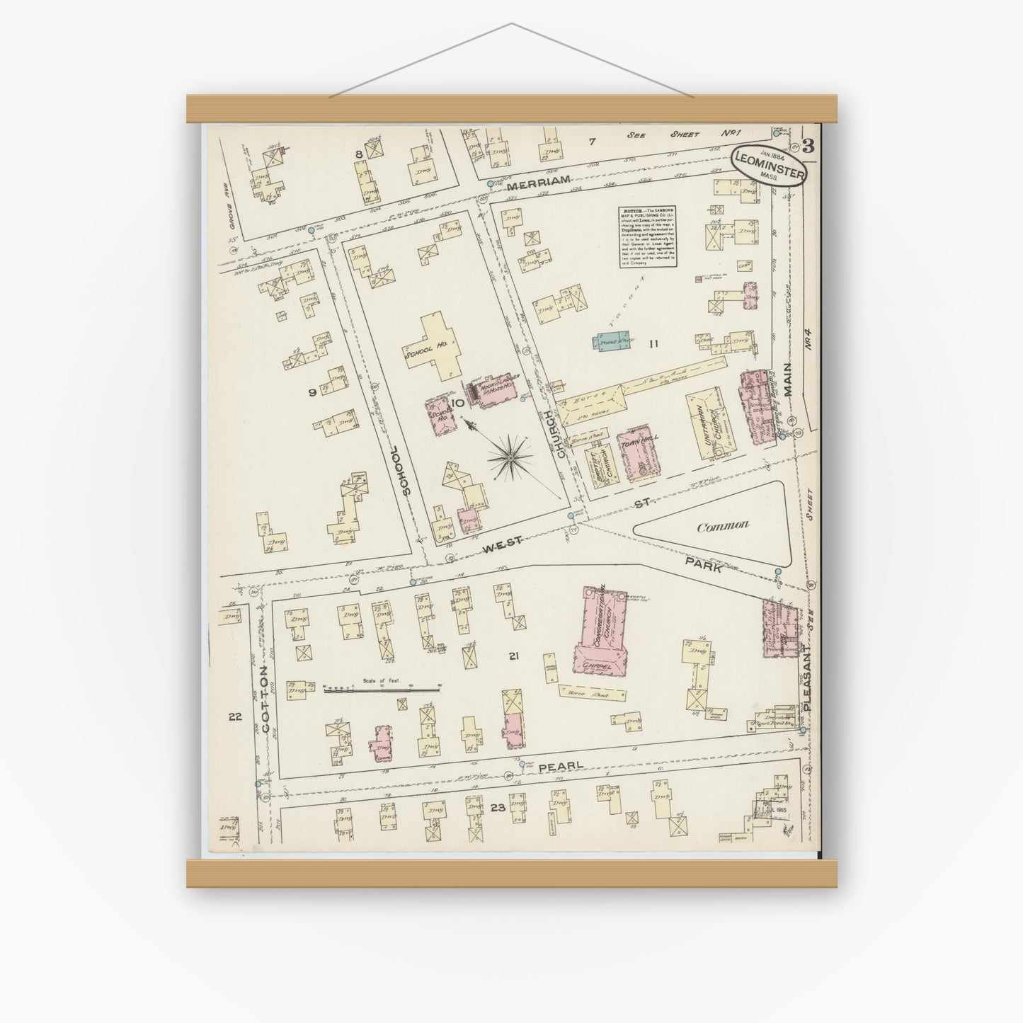 Old map wall art mockup — magnetic wood frame on white wall — Sanborn Fire Insurance Map from Leominster, Worcester County, Massachusetts (1884), Sheet #0003