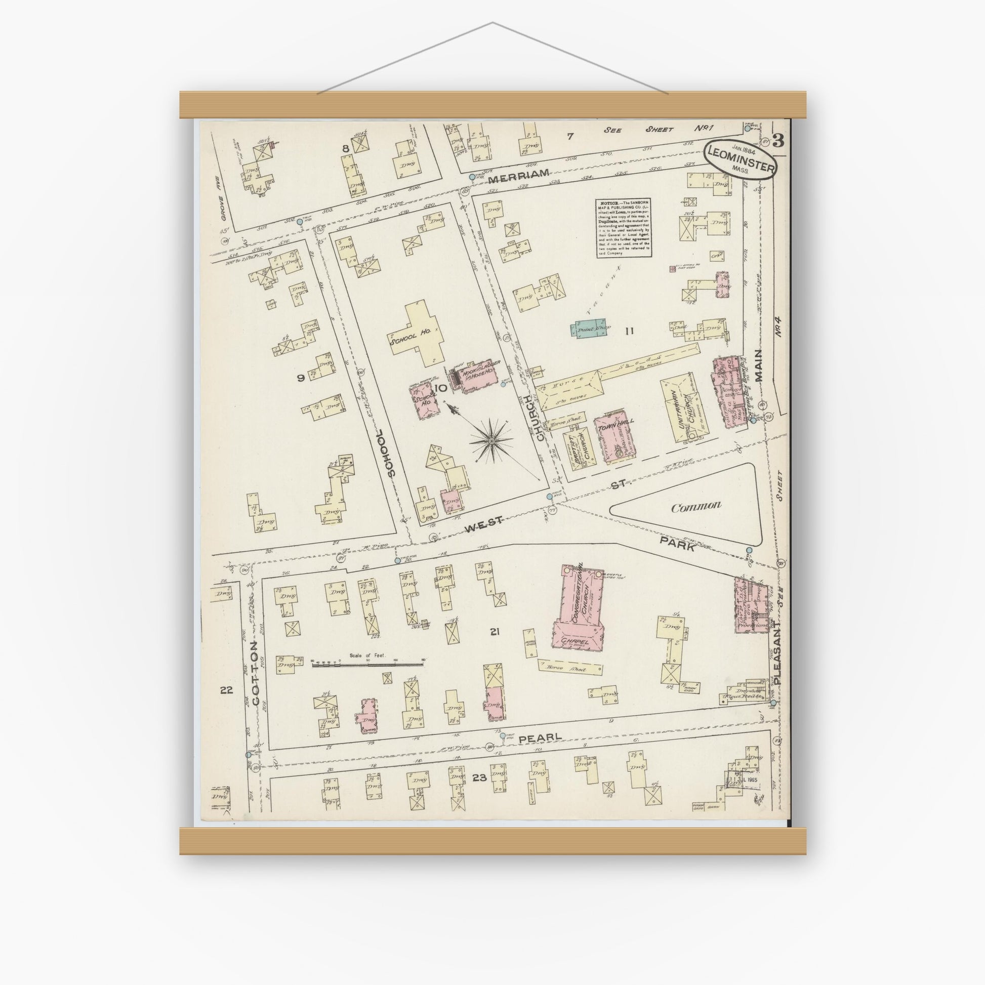 Old map wall art mockup — magnetic wood frame on white wall — Sanborn Fire Insurance Map from Leominster, Worcester County, Massachusetts (1884), Sheet #0003