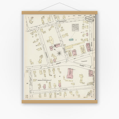 Old map wall art mockup — magnetic wood frame on white wall — Sanborn Fire Insurance Map from Leominster, Worcester County, Massachusetts (1884), Sheet #0003
