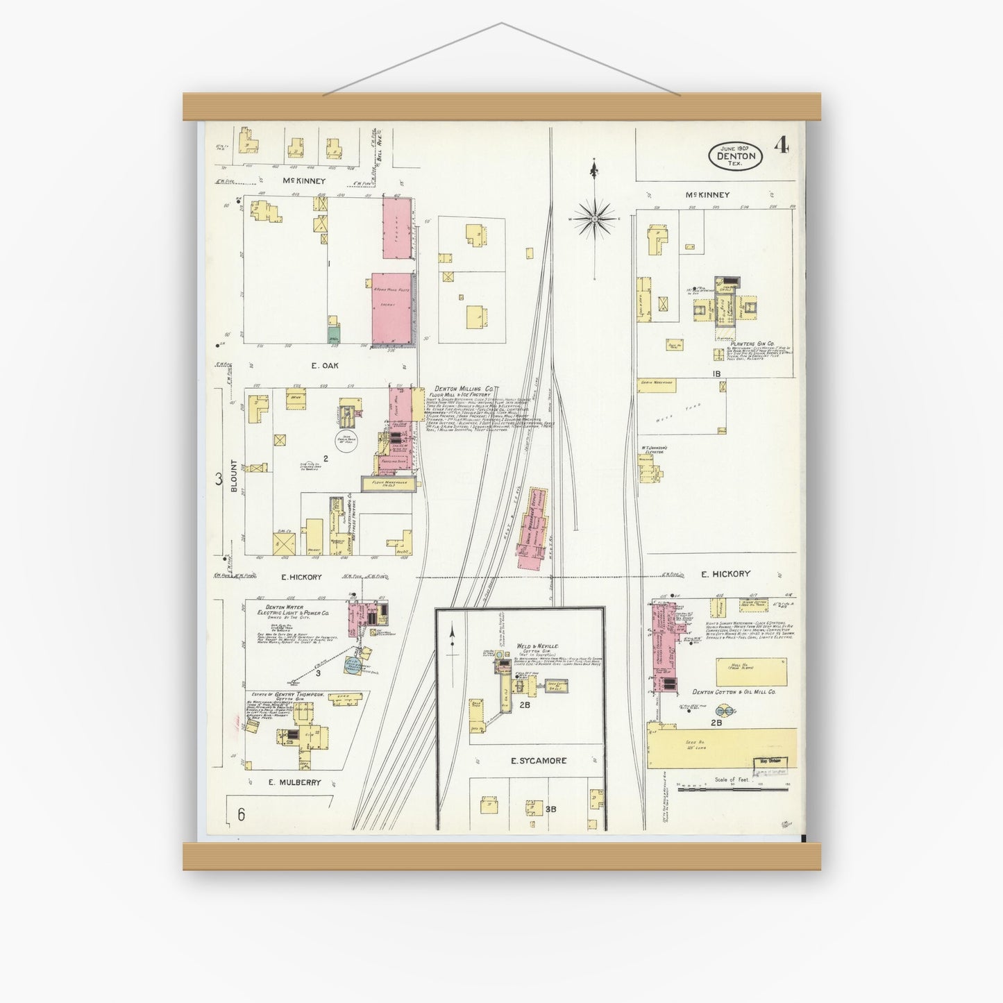 Old map wall art mockup — magnetic wood frame on white wall — Sanborn Fire Insurance Map from Denton, Denton County, Texas (1907), Sheet #0004
