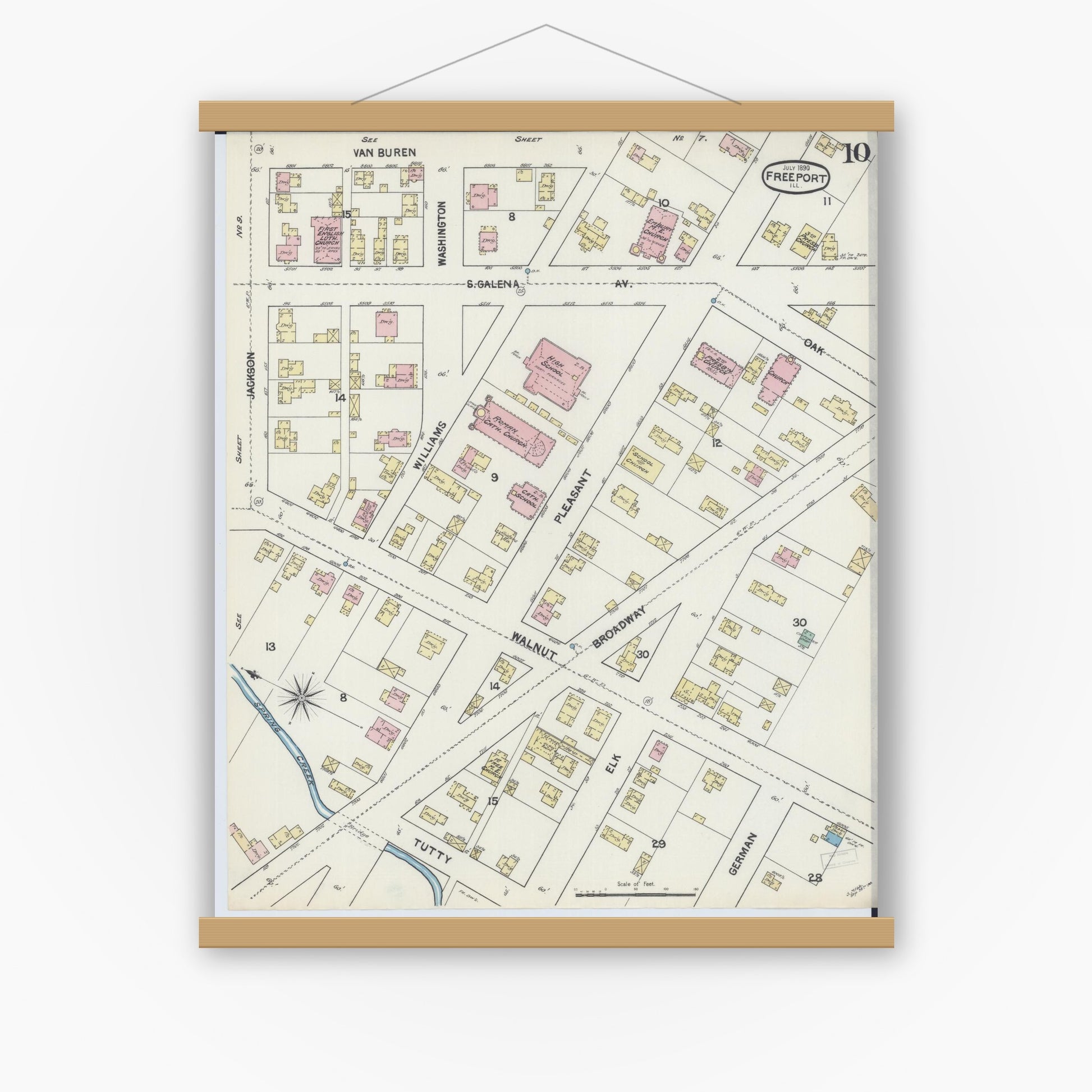 Old map wall art mockup — magnetic wood frame on white wall — Sanborn Fire Insurance Map from Freeport, Stephenson County, Illinois (1890), Sheet #0010