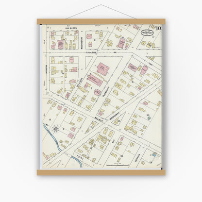 Old map wall art mockup — magnetic wood frame on white wall — Sanborn Fire Insurance Map from Freeport, Stephenson County, Illinois (1890), Sheet #0010