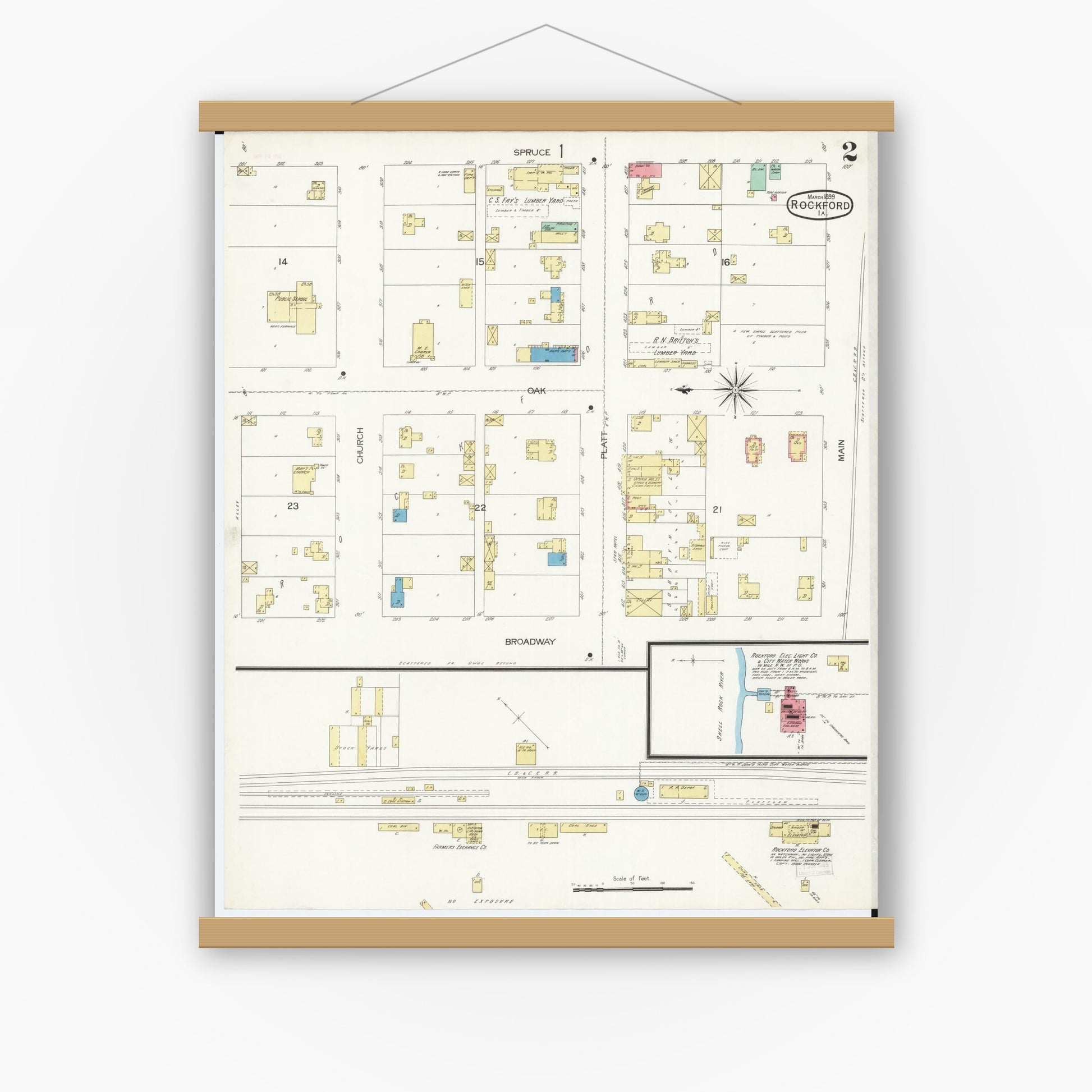 Old map wall art mockup — magnetic wood frame on white wall — Sanborn Fire Insurance Map from Rockford, Floyd County, Iowa (1899), Sheet #0002