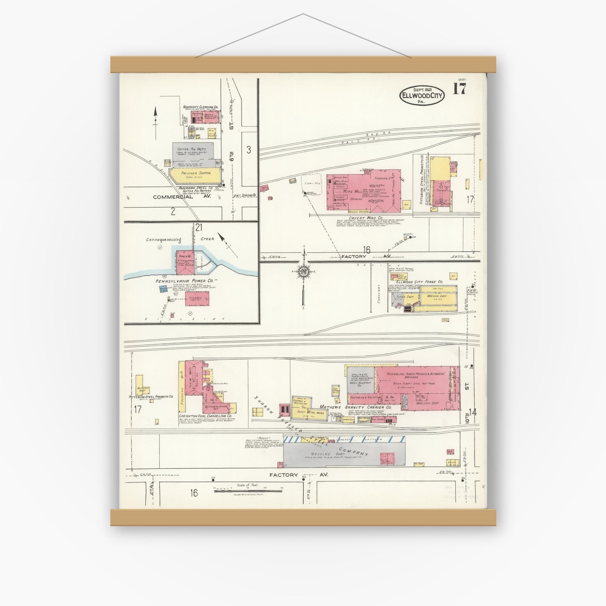 Old map wall art mockup — magnetic wood frame on white wall — Sanborn Fire Insurance Map from Ellwood City, Lawrence County, Pennsylvania (1921), Sheet #0017