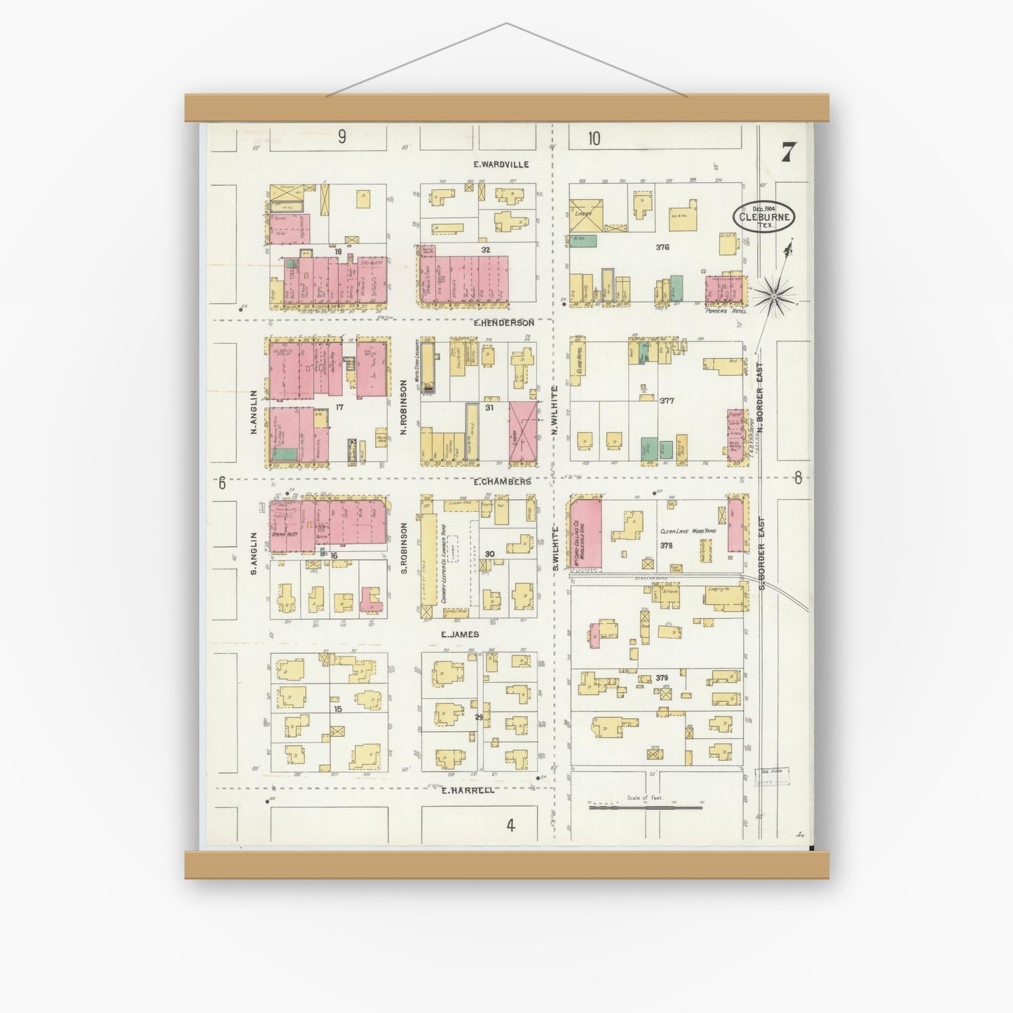 Old map wall art mockup — magnetic wood frame on white wall — Sanborn Fire Insurance Map from Cleburne, Johnson County, Texas (1904), Sheet #0007