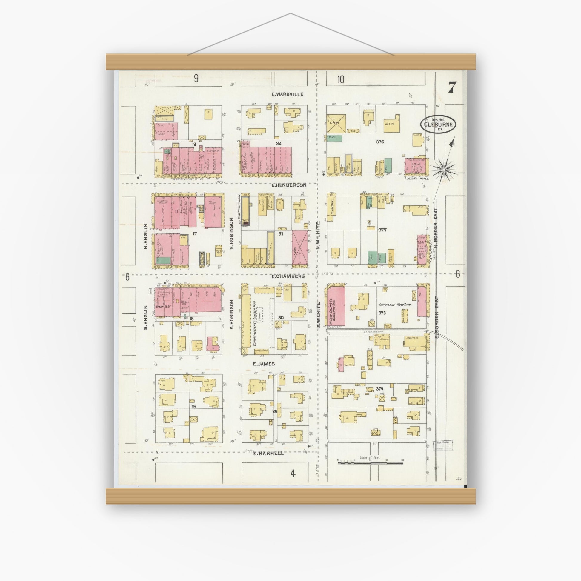 Old map wall art mockup — magnetic wood frame on white wall — Sanborn Fire Insurance Map from Cleburne, Johnson County, Texas (1904), Sheet #0007