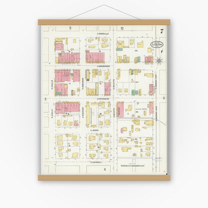 Old map wall art mockup — magnetic wood frame on white wall — Sanborn Fire Insurance Map from Cleburne, Johnson County, Texas (1904), Sheet #0007