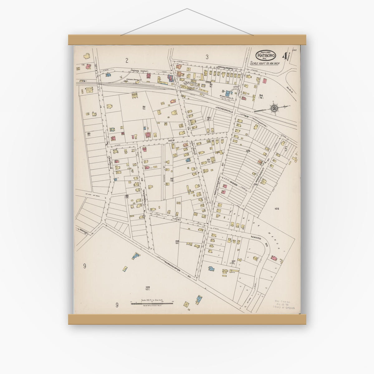 Old map wall art mockup — magnetic wood frame on white wall — Sanborn Fire Insurance Map from Hatboro, Montgomery County, Pennsylvania (1922), Sheet #0004