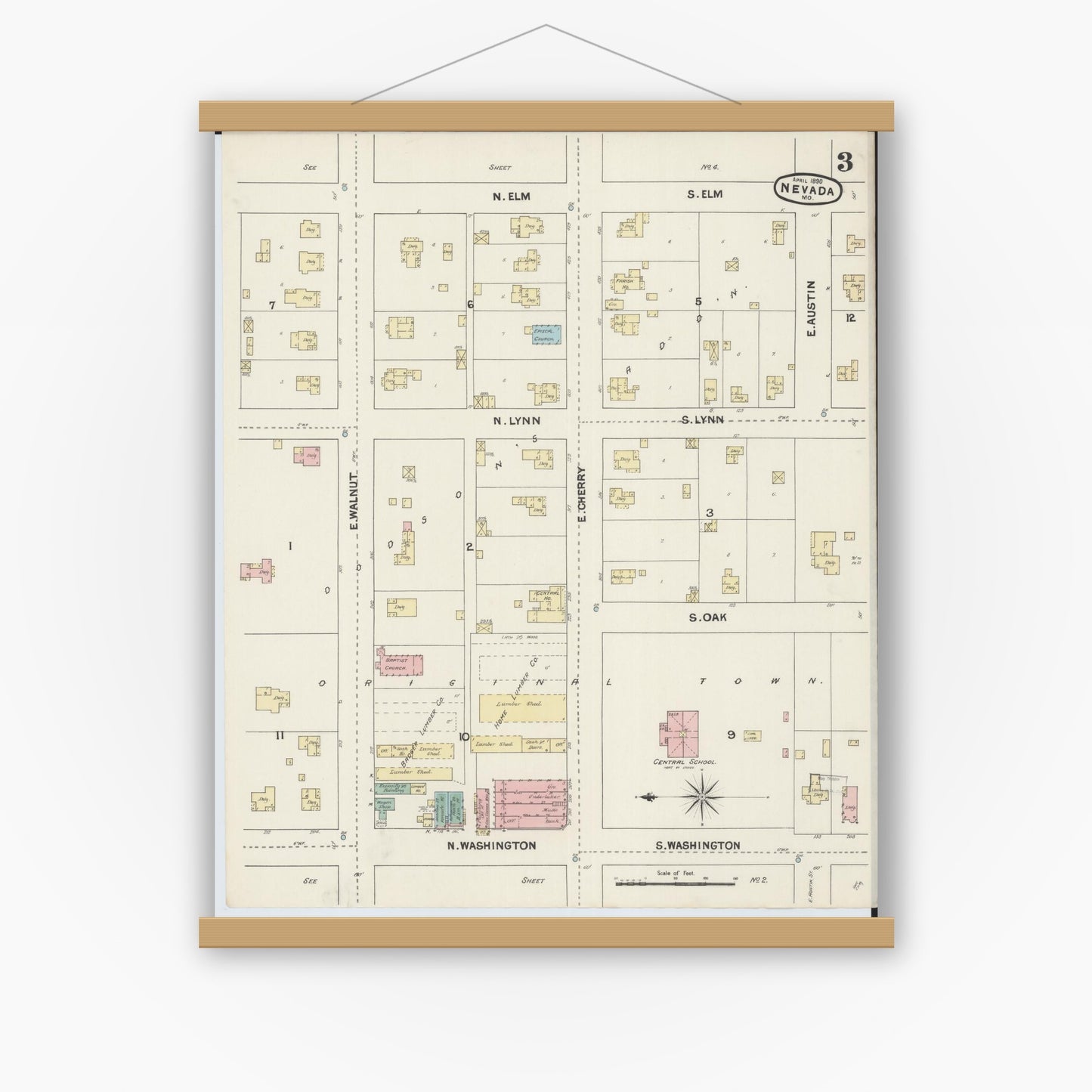 Old map wall art mockup — magnetic wood frame on white wall — Sanborn Fire Insurance Map from Nevada, Vernon County, Missouri (1890), Sheet #0003