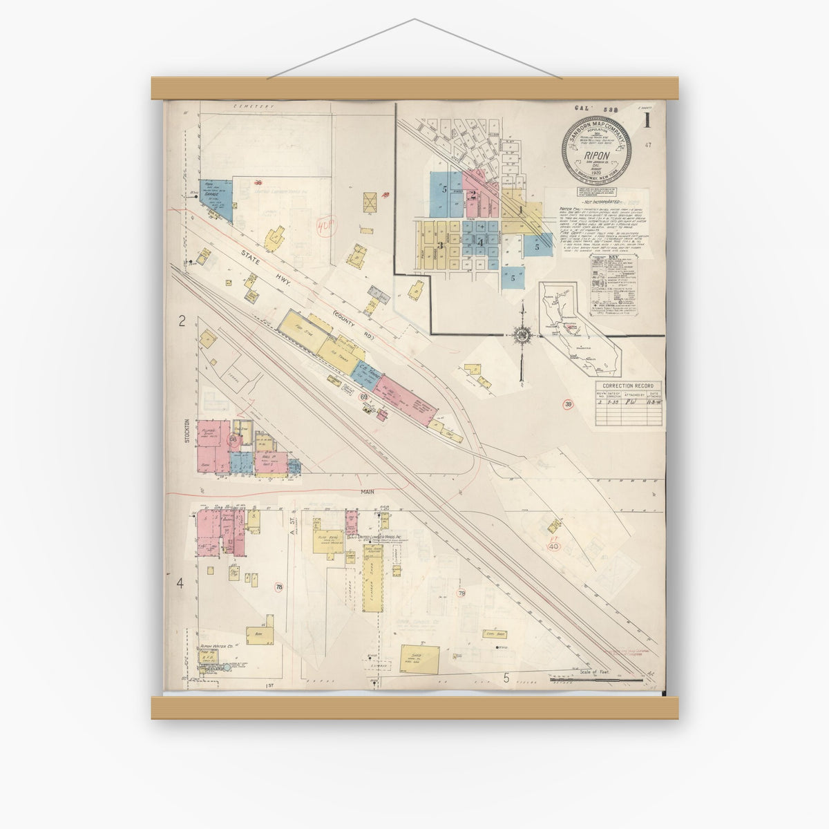 Old map wall art mockup — magnetic wood frame on white wall — Sanborn Fire Insurance Map from Ripon, San Joaquin County, California (1933) - Complete Map Set
