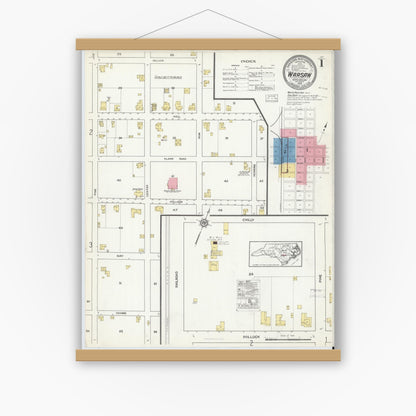 Old map wall art mockup — magnetic wood frame on white wall — Sanborn Fire Insurance Map from Warsaw, Duplin County, North Carolina (1916) - Complete Map Set