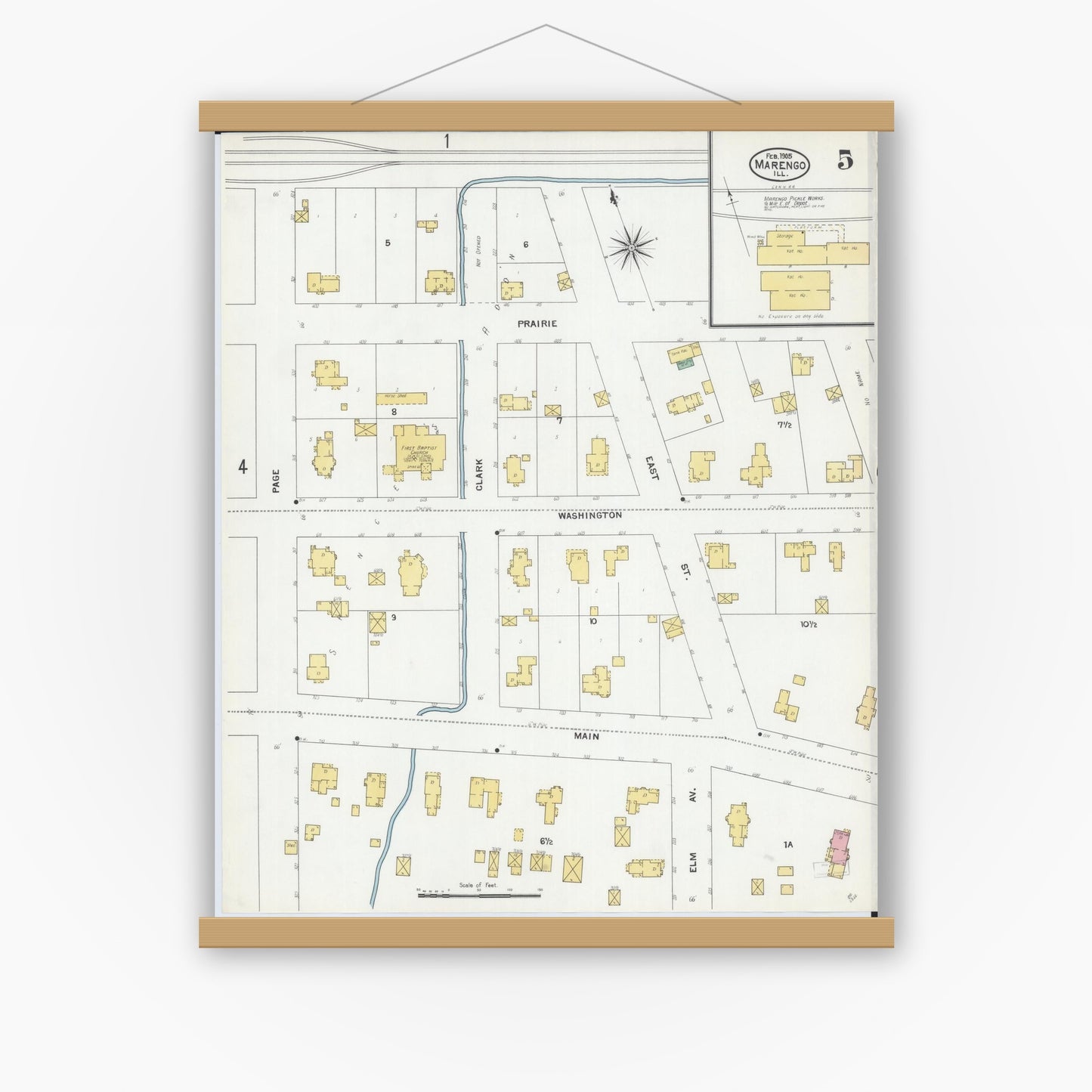 Old map wall art mockup — magnetic wood frame on white wall — Sanborn Fire Insurance Map from Marengo, McHenry County, Illinois (1905), Sheet #0005