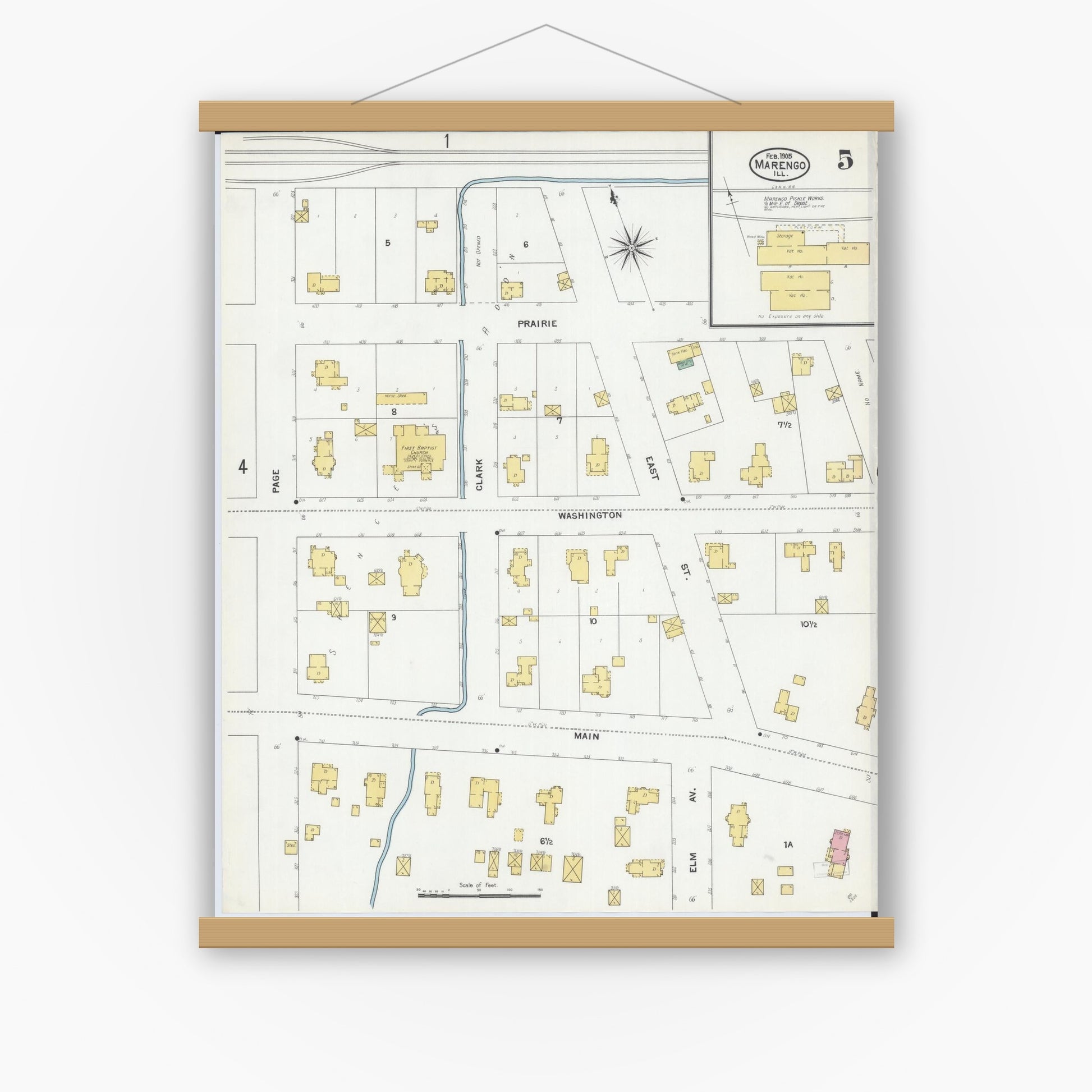 Old map wall art mockup — magnetic wood frame on white wall — Sanborn Fire Insurance Map from Marengo, McHenry County, Illinois (1905), Sheet #0005