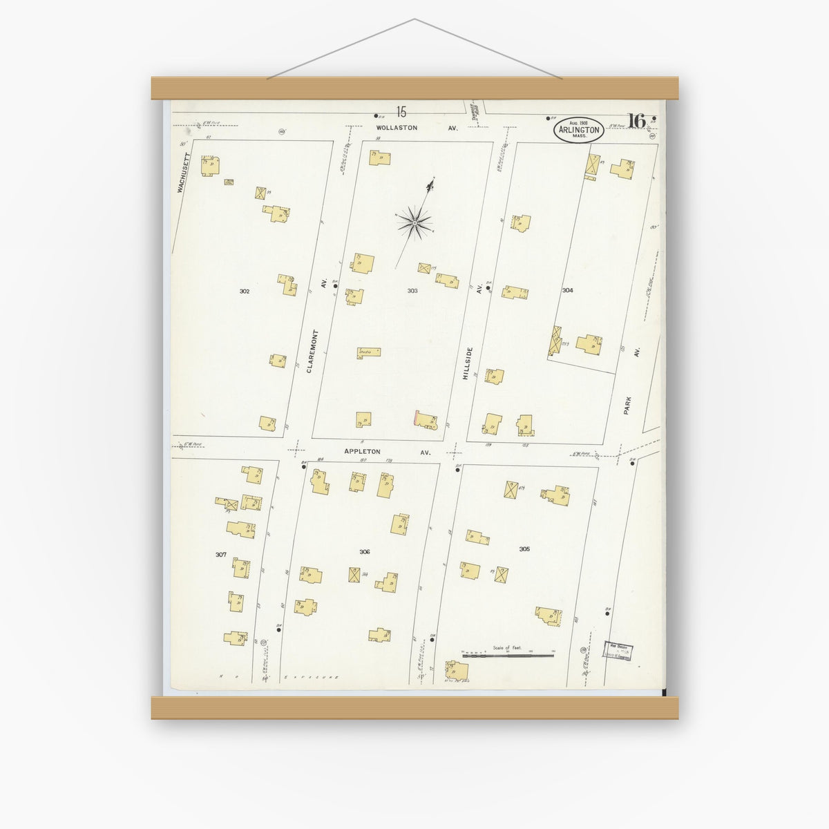 Old map wall art mockup — magnetic wood frame on white wall — Sanborn Fire Insurance Map from Arlington, Middlesex County, Massachusetts (1908), Sheet #0016