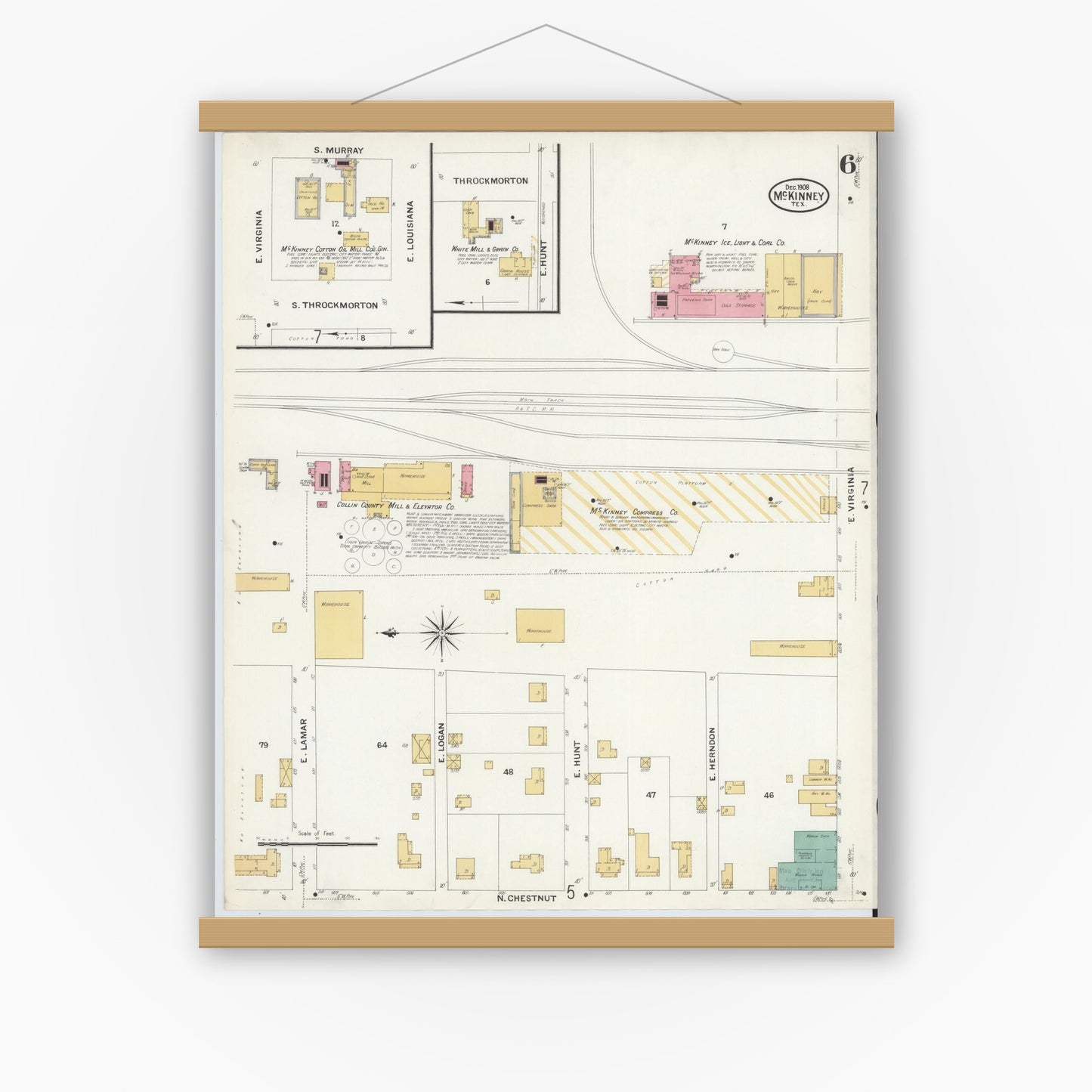 Old map wall art mockup — magnetic wood frame on white wall — Sanborn Fire Insurance Map from McKinney, Collin County, Texas (1908), Sheet #0006
