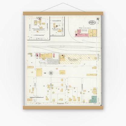 Old map wall art mockup — magnetic wood frame on white wall — Sanborn Fire Insurance Map from McKinney, Collin County, Texas (1908), Sheet #0006