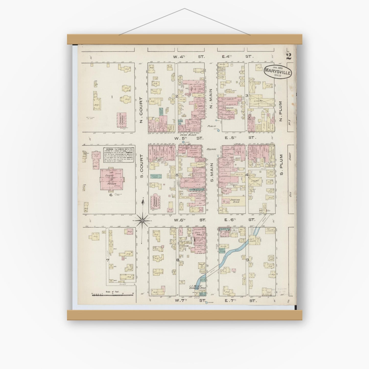 Old map wall art mockup — magnetic wood frame on white wall — Sanborn Fire Insurance Map from Marysville, Union County, Ohio (1885), Sheet #0002
