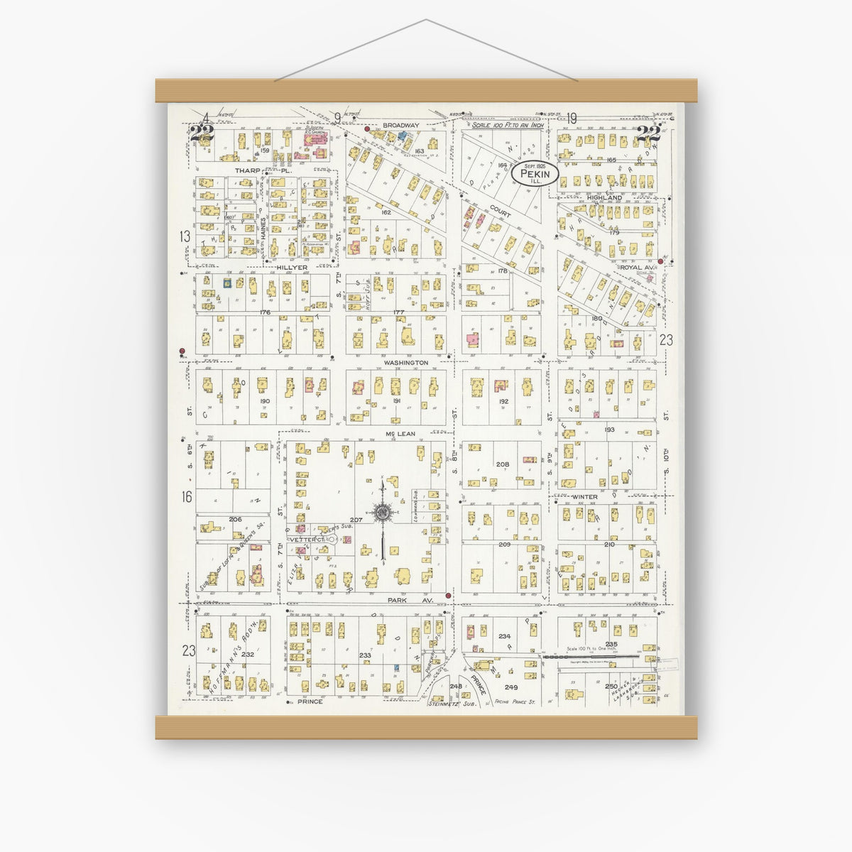 Old map wall art mockup — magnetic wood frame on white wall — Sanborn Fire Insurance Map from Pekin, Tazewell County, Illinois (1925), Sheet #0022