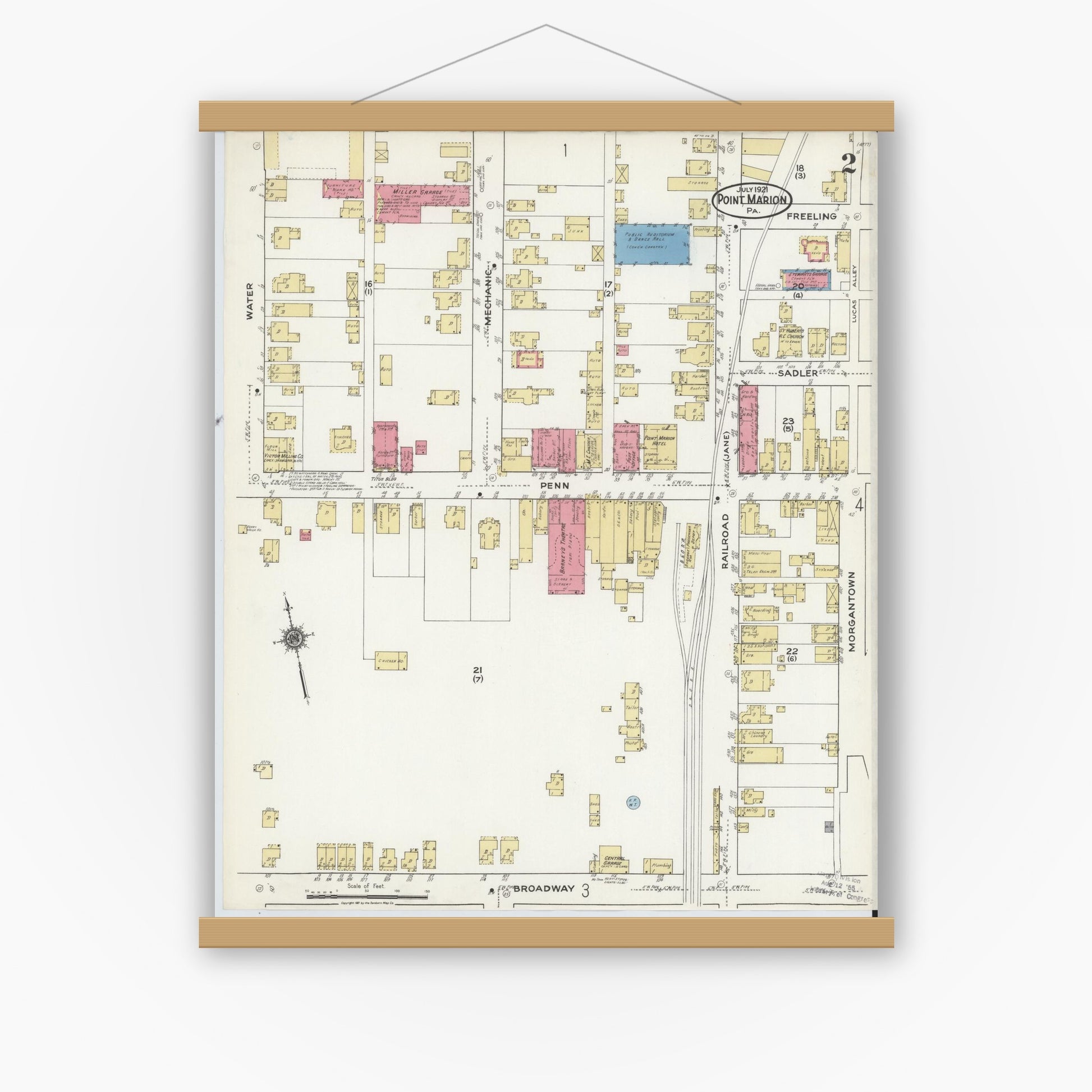 Old map wall art mockup — magnetic wood frame on white wall — Sanborn Fire Insurance Map from Point Marion, Fayette County, Pennsylvania (1921), Sheet #0002