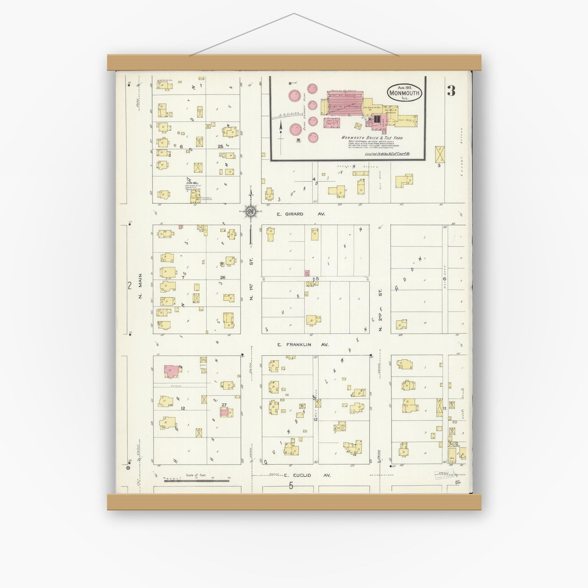 Old map wall art mockup — magnetic wood frame on white wall — Sanborn Fire Insurance Map from Monmouth, Warren County, Illinois (1913), Sheet #0003