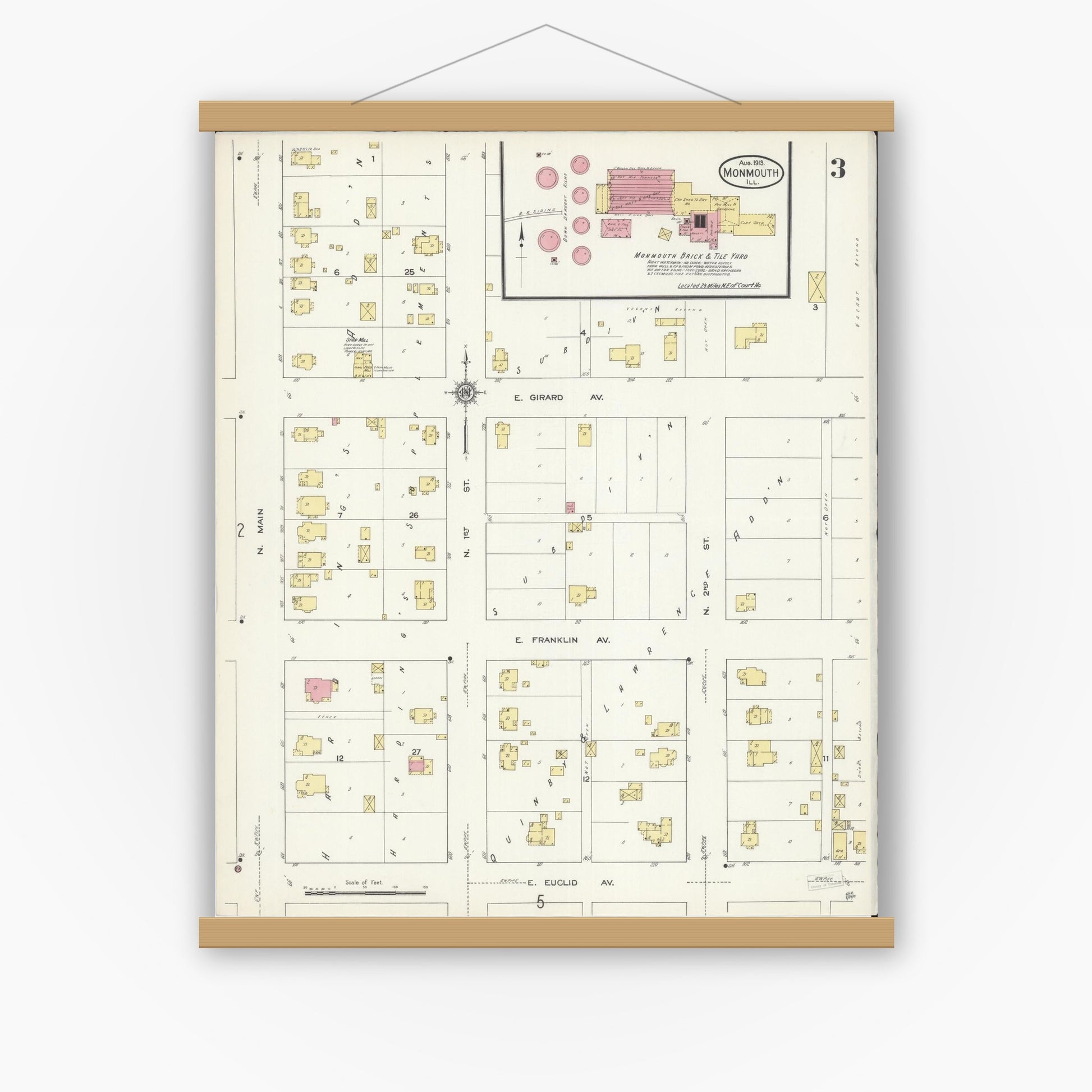 Old map wall art mockup — magnetic wood frame on white wall — Sanborn Fire Insurance Map from Monmouth, Warren County, Illinois (1913), Sheet #0003