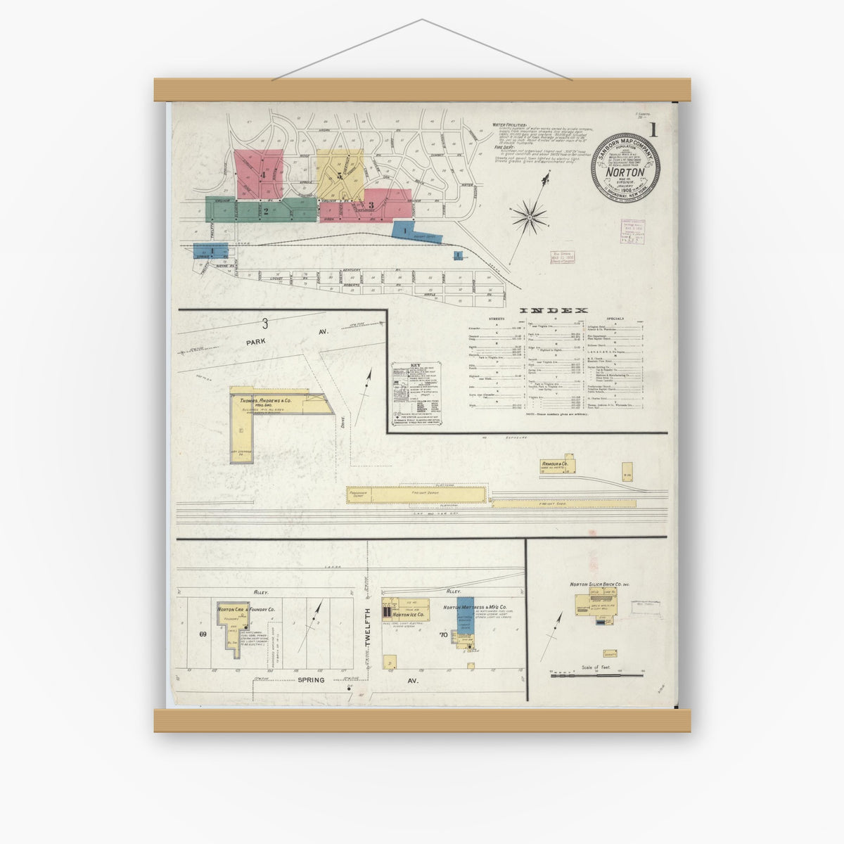 Old map wall art mockup — magnetic wood frame on white wall — Sanborn Fire Insurance Map from Norton, Independent Cities, Virginia (1908) - Complete Map Set