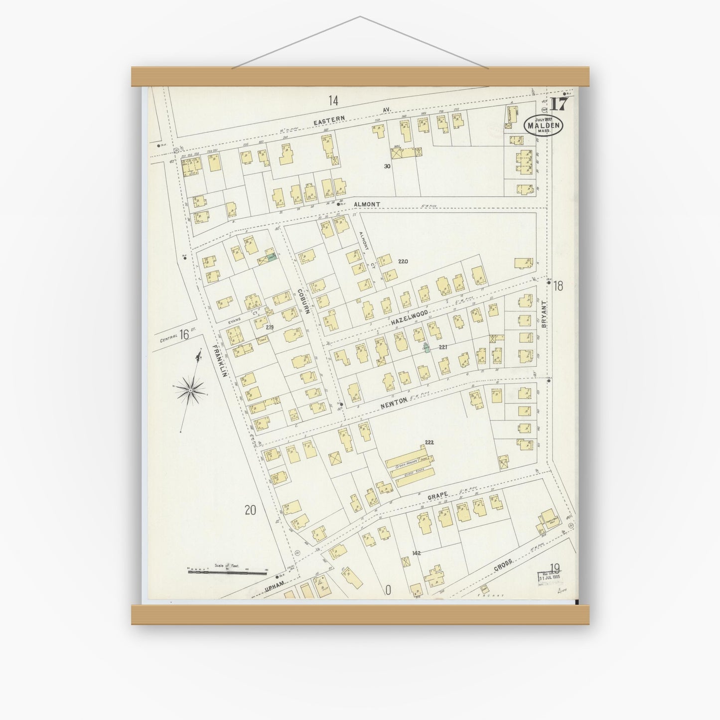 Old map wall art mockup — magnetic wood frame on white wall — Sanborn Fire Insurance Map from Malden, Middlesex County, Massachusetts (1897), Sheet #0017