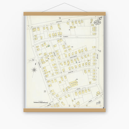 Old map wall art mockup — magnetic wood frame on white wall — Sanborn Fire Insurance Map from Malden, Middlesex County, Massachusetts (1897), Sheet #0017