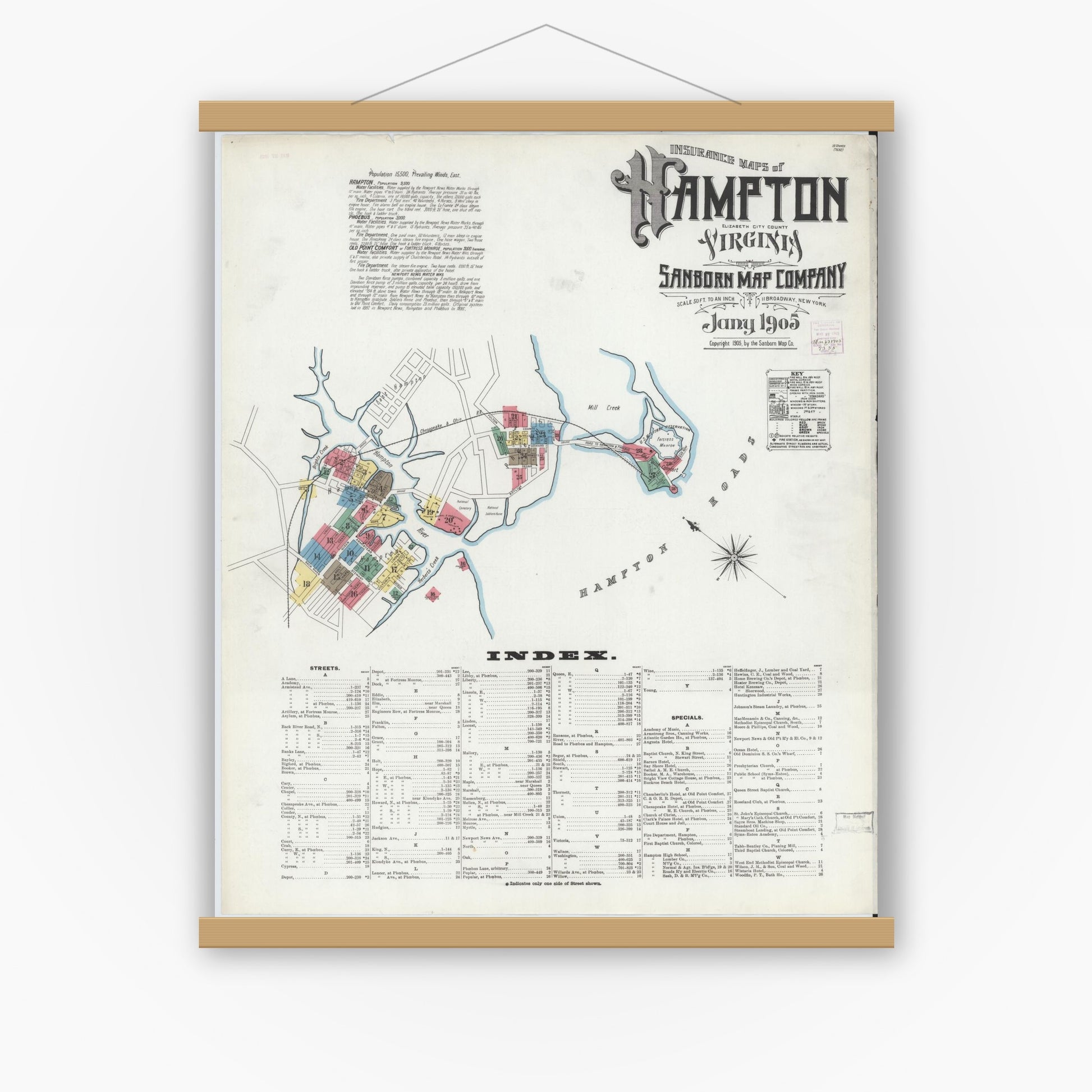 Old map wall art mockup — magnetic wood frame on white wall — Sanborn Fire Insurance Map from Hampton, Independent Cities, Virginia (1905) - Complete Map Set