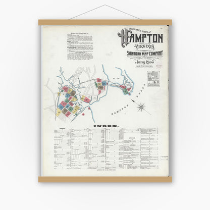 Old map wall art mockup — magnetic wood frame on white wall — Sanborn Fire Insurance Map from Hampton, Independent Cities, Virginia (1905) - Complete Map Set