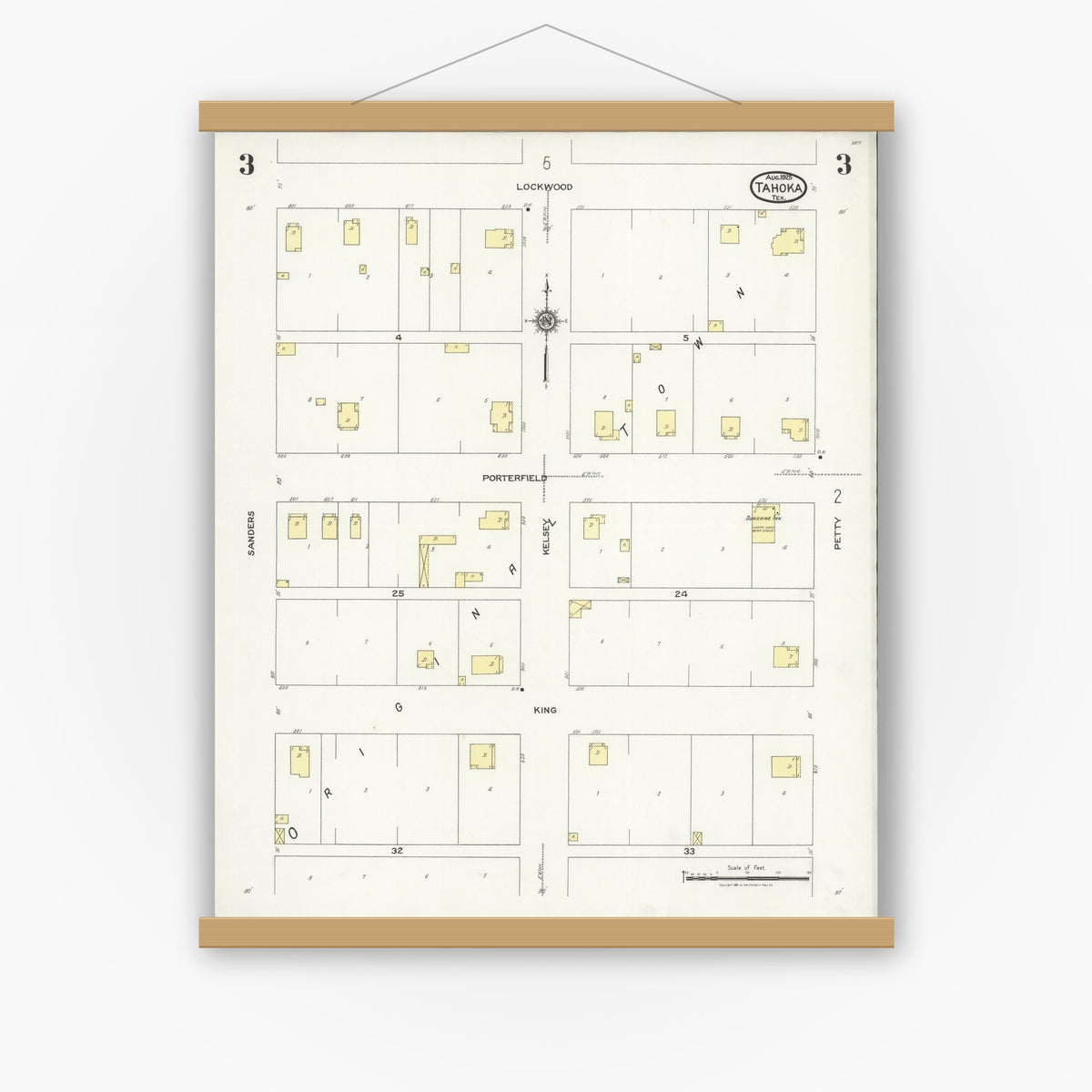 Old map wall art mockup — magnetic wood frame on white wall — Sanborn Fire Insurance Map from Tahoka, Lynn County, Texas (1925), Sheet #0003