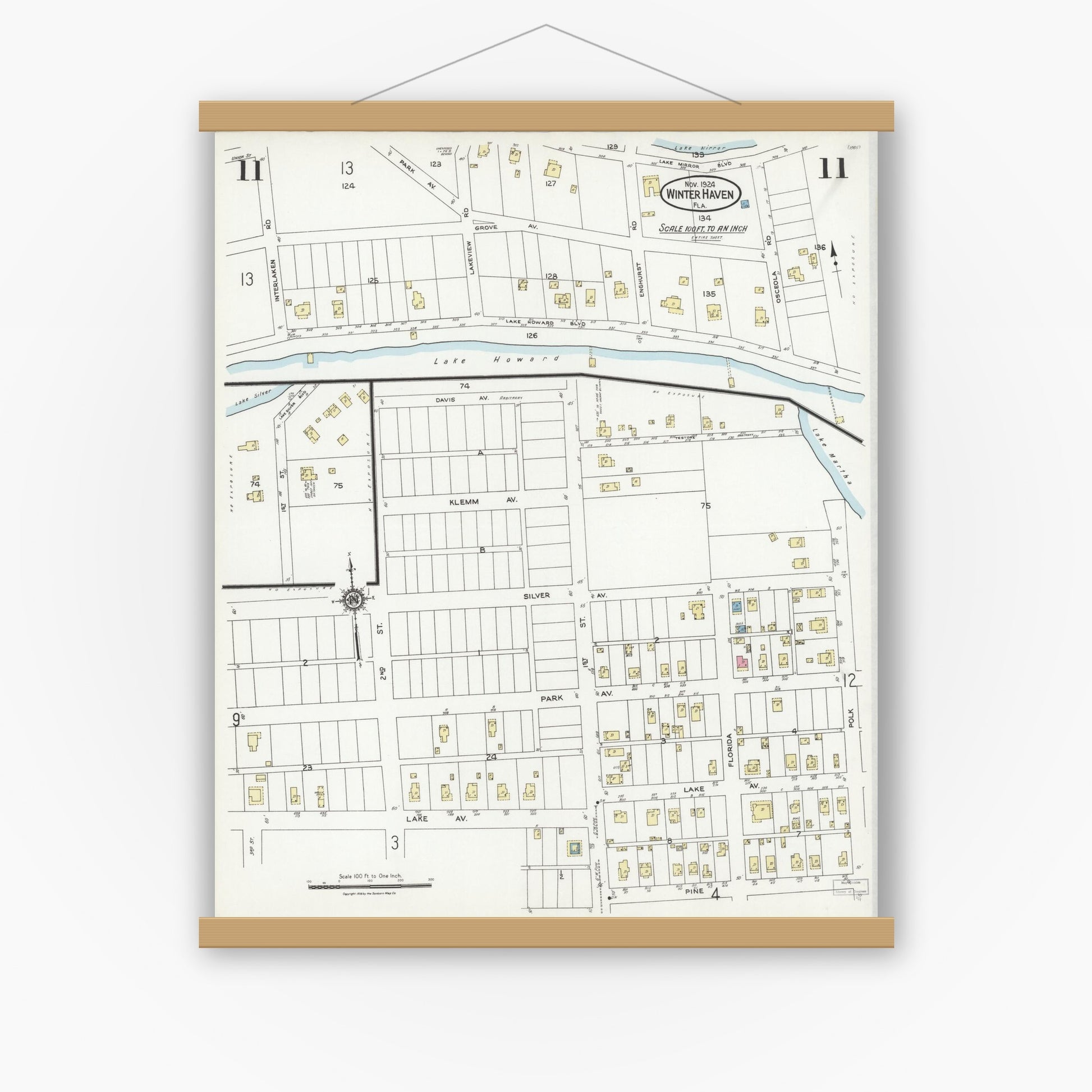 Old map wall art mockup — magnetic wood frame on white wall — Sanborn Fire Insurance Map from Winter Haven, Polk County, Florida (1924), Sheet #0011