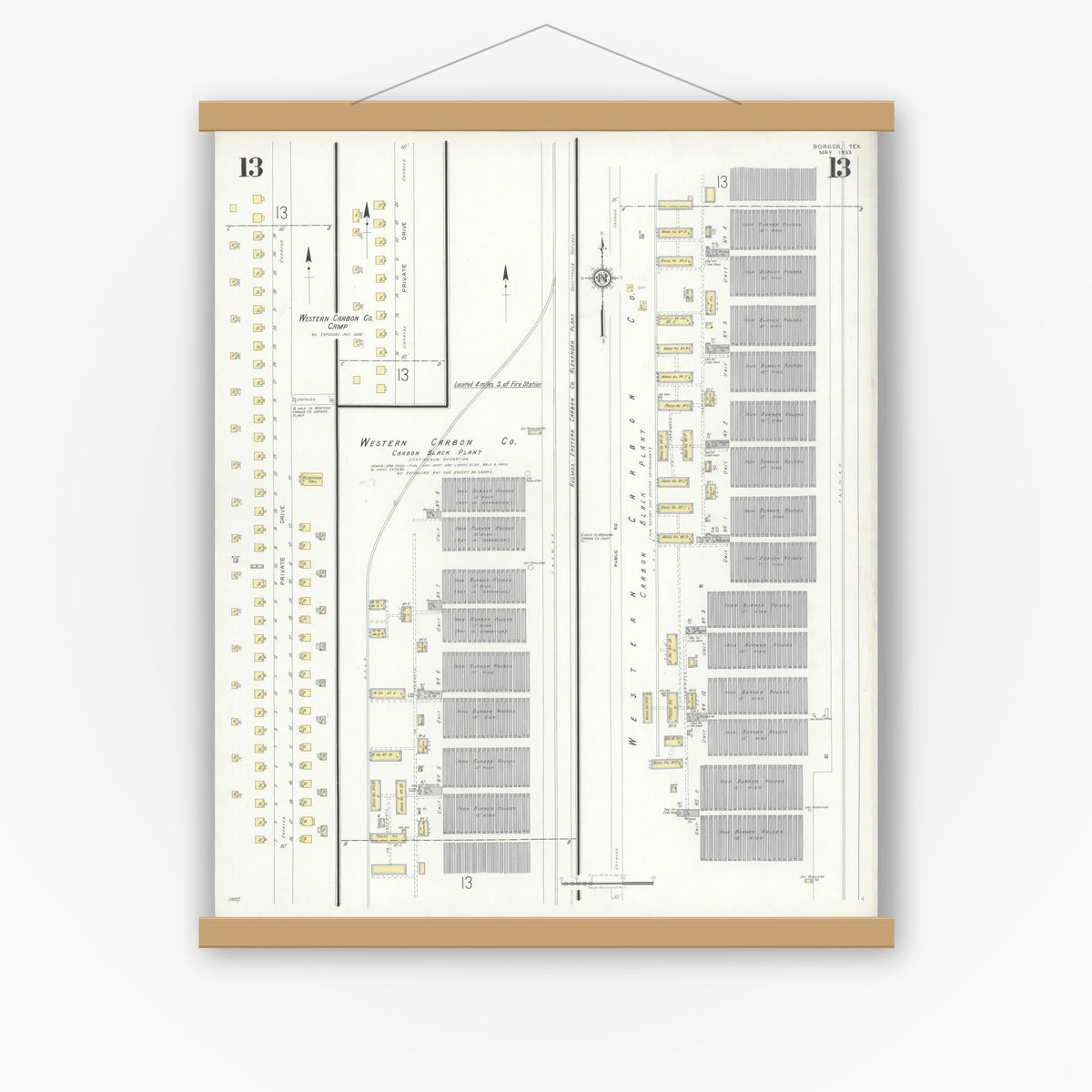 Old map wall art mockup — magnetic wood frame on white wall — Sanborn Fire Insurance Map from Borger, Hutchinson County, Texas (1933), Sheet #0013