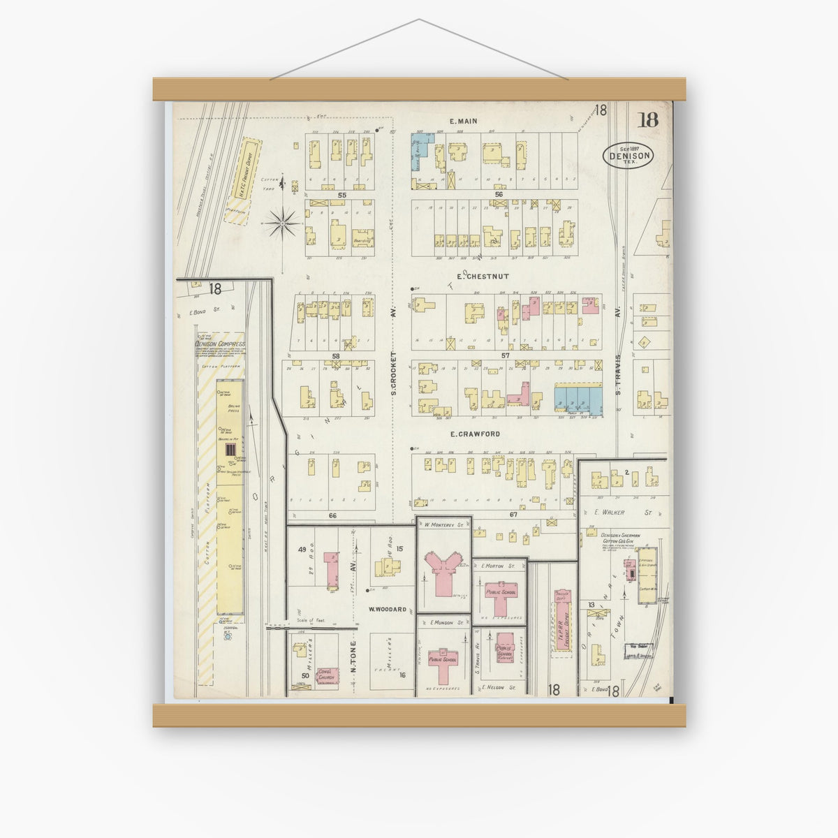 Old map wall art mockup — magnetic wood frame on white wall — Sanborn Fire Insurance Map from Denison, Grayson County, Texas (1897), Sheet #0018