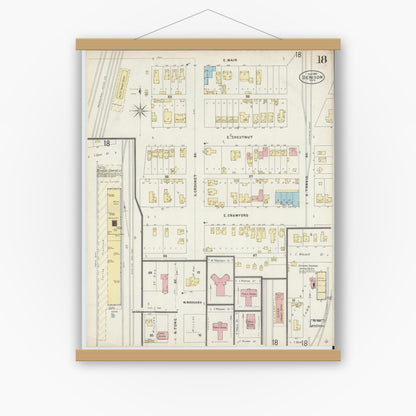 Old map wall art mockup — magnetic wood frame on white wall — Sanborn Fire Insurance Map from Denison, Grayson County, Texas (1897), Sheet #0018