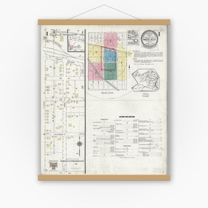 Old map wall art mockup — magnetic wood frame on white wall — Sanborn Fire Insurance Map from Weslaco, Hidalgo County, Texas (1925) - Complete Map Set
