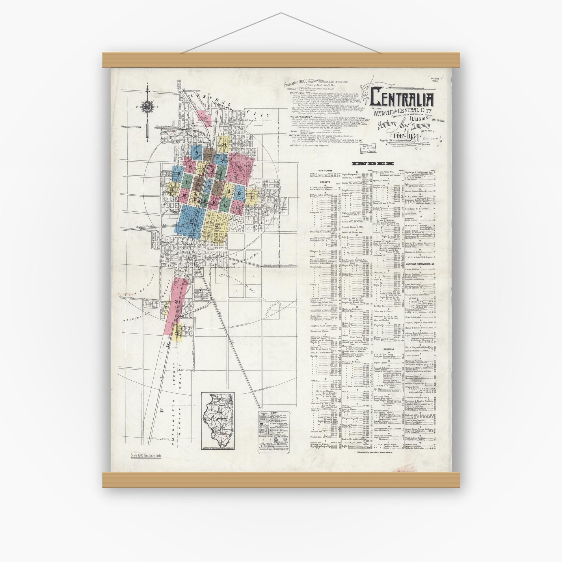 Old map wall art mockup — magnetic wood frame on white wall — Sanborn Fire Insurance Map from Centralia, Marion, Clinton, Jefferson, and Washington Counties, Illinois (1924), Sheet #0001